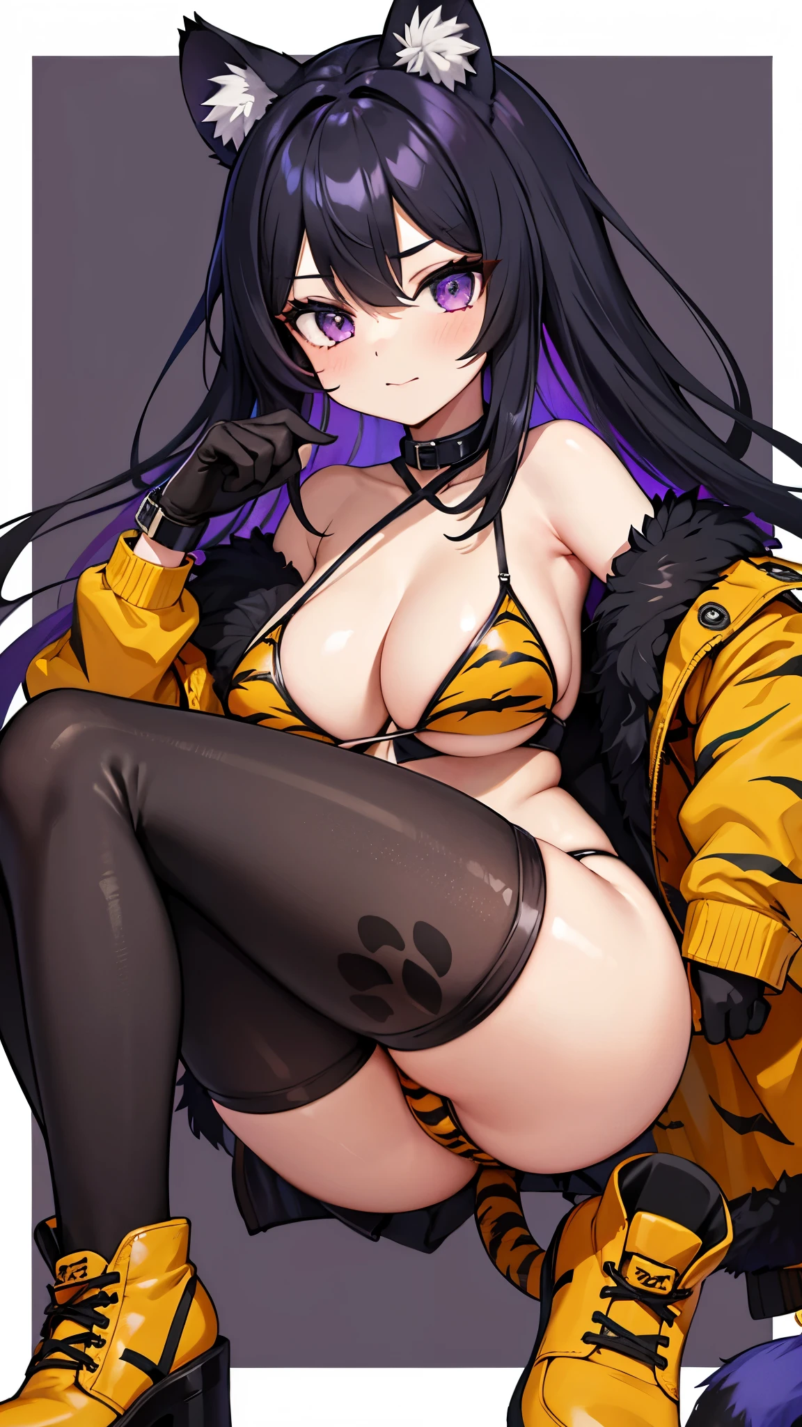 black_hair,multicolored_hair,light_purple_eyes,beautiful_hair,beautiful_eyes,1_beautiful_girl,cute_face,beautiful_face,beautiful,best_quality,good_anatomy,paw_gloves,tiger_pattern_bikini,tiger_pattern_tights,tiger_ears,tiger_tail,tiger_pattern_boots