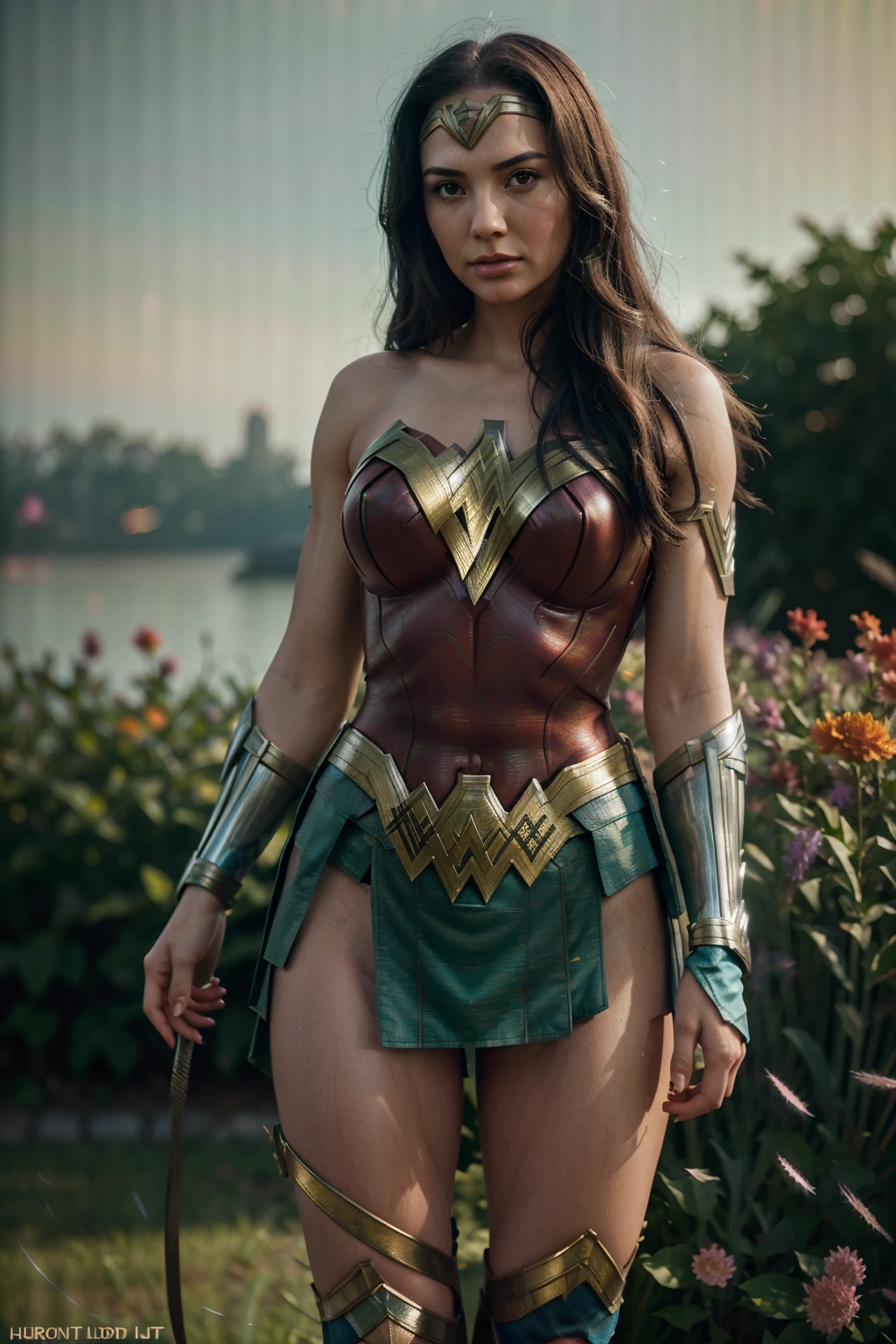 Wonder Woman from DC Comics, big tits, colorful, darl background,flower armor,green theme,exposure blend, medium shot, bokeh, (hdr:1.4), high contrast, (cinematic, teal and orange:0.85), (muted colors, dim colors, soothing tones:1.3), low saturation,realistic