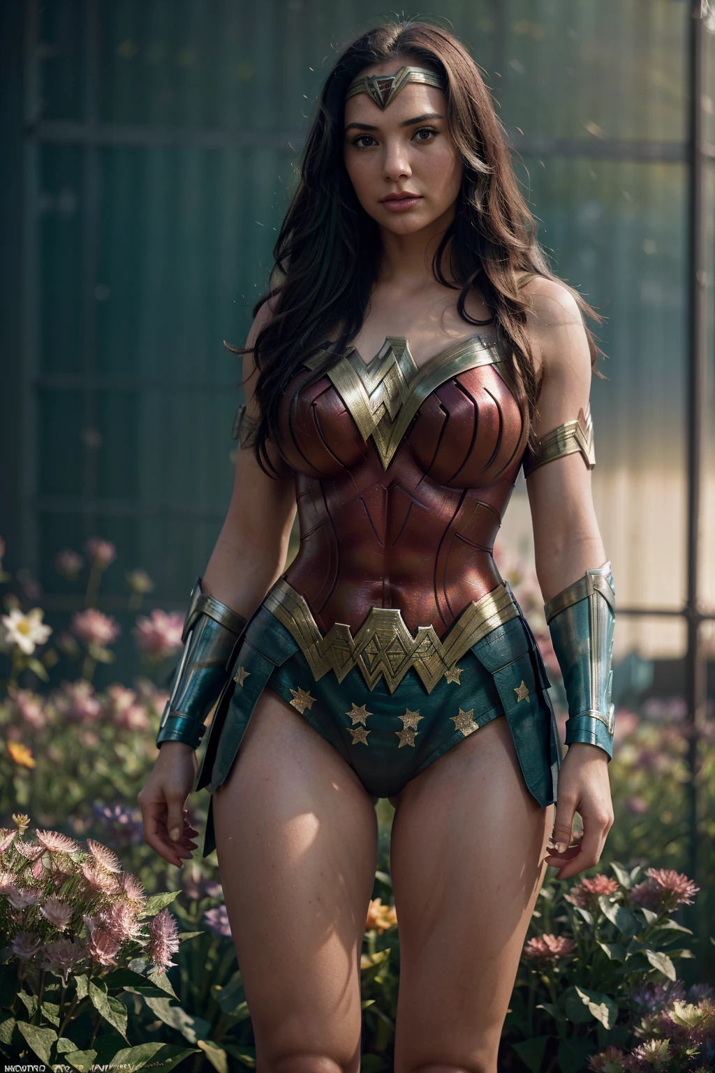 Wonder Woman from DC Comics, big tits, colorful, darl background,flower armor,green theme,exposure blend, medium shot, bokeh, (hdr:1.4), high contrast, (cinematic, teal and orange:0.85), (muted colors, dim colors, soothing tones:1.3), low saturation,realistic