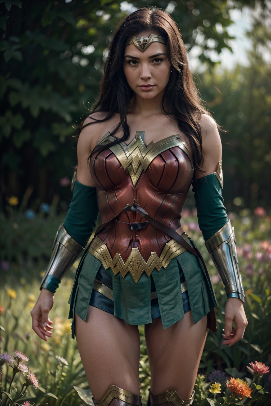 Wonder Woman from DC Comics, big tits, colorful, darl background,flower armor,green theme,exposure blend, medium shot, bokeh, (hdr:1.4), high contrast, (cinematic, teal and orange:0.85), (muted colors, dim colors, soothing tones:1.3), low saturation,realistic