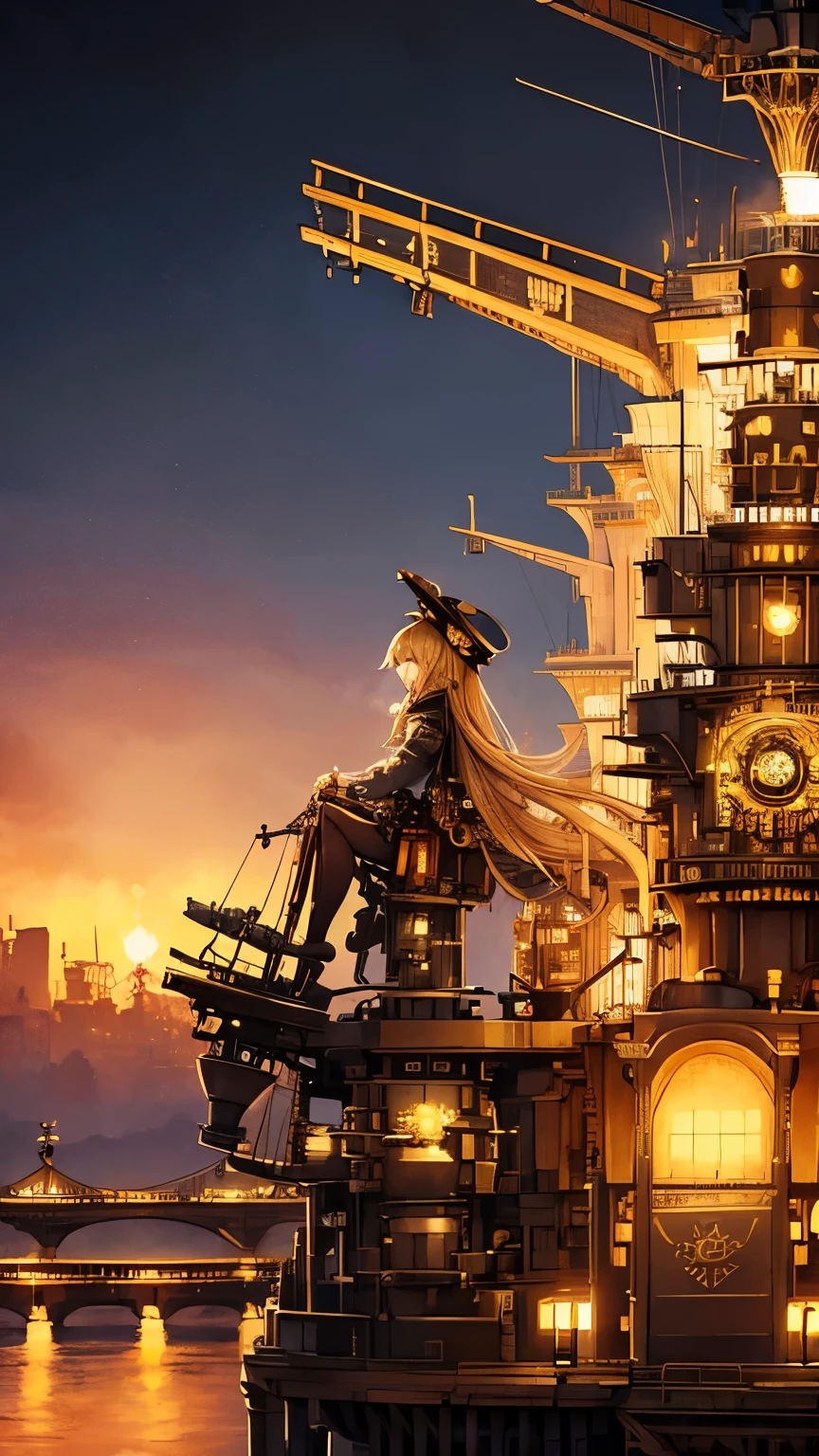 steampunkai。highest quality。masterpiece。detailed details。one woman。long blonde hair。naval officer。long skirt。(hold binoculars with both hands)。There are several officers and sailors around.。The background is the bridge of an old battleship.。