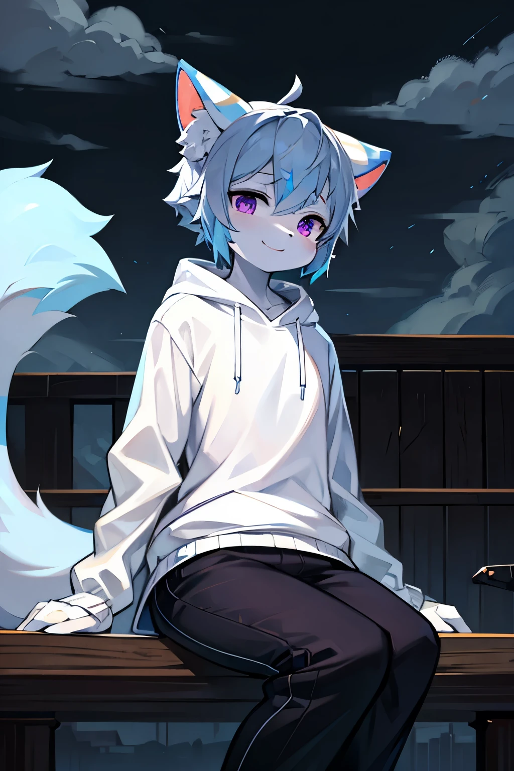 cat plush,hairy,furry,Colorful Patterned White Sweatshirt,Black casual pants with white stripes,Q version,cute,Simple art style,Cartoon style,purple eyes,Cheerful,happy,Ears with blue hair and ear tips with white hair,blue hair on back,Big tail blue tail tip white,raincoat,dark clouds,rain,sitting in blue porsche