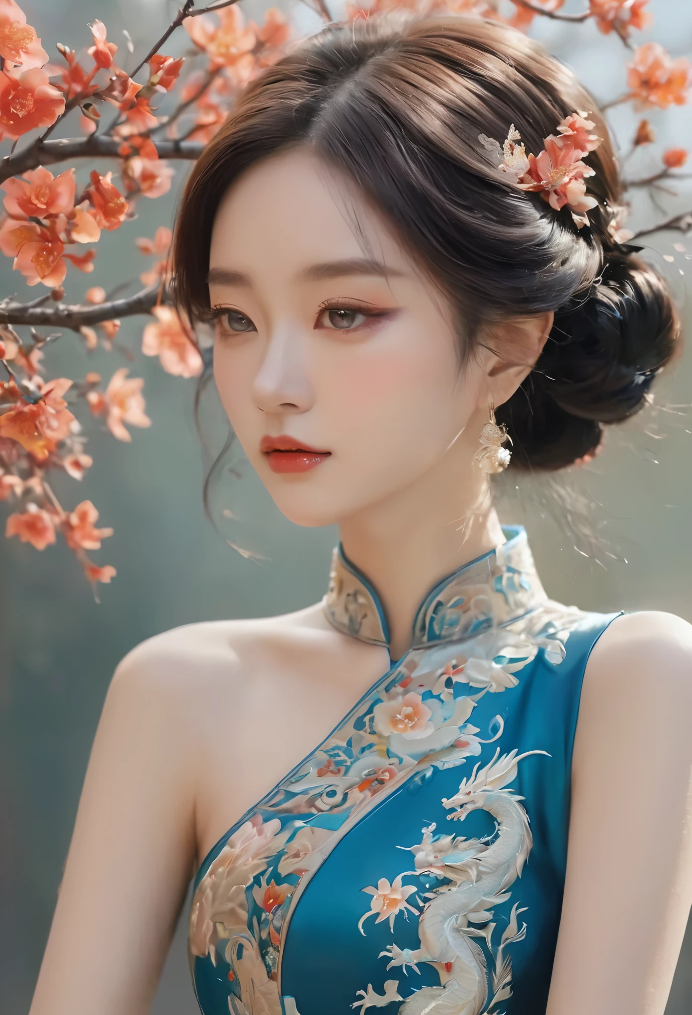draw embroidery work,dragon embroidery,chinese clothing design,silk fabric,symmetrical style,full body queen、art flower、The way the flowers shine、My eyes are also shining blue、