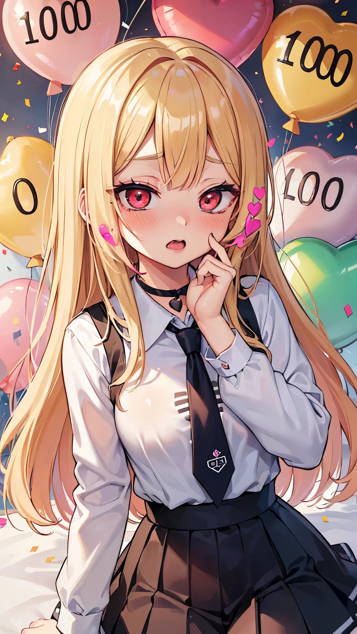 (masterpiece, best quality:1.2), (detailed beautiful face), (detailed illustration), (ultra detailed), (vibrant colors), (professional lighting), BREAK
(looking at viewer, close-up:1.3), (balloon says number "1000":1.7), (balloon says "No.1000":1.7), BREAK
(in My Dress-Up Darling style), (kitagawa marin), 1girl, solo, (long blonde hair, multicolored hair:1.2), shiny hair, straight hair, swept bangs, (tsurime, red eyes:1.3), long eyelashes, pink lips, (shiny skin, skinny, slender body:1.3), BREAK
(Heart eyes, Ahegao, open mouth, wide eyes, big eyes:1.6), (covering face, full-face blush, peeking through fingers:1.5), silver earrings, piercing, (school uniform, white shirt, black choker, blue necktie:1.3), BREAK
(spoken heart, confetti, heart-shaped balloons:1.4), kawaiitech, pastel colors, kawaii, cute colors,