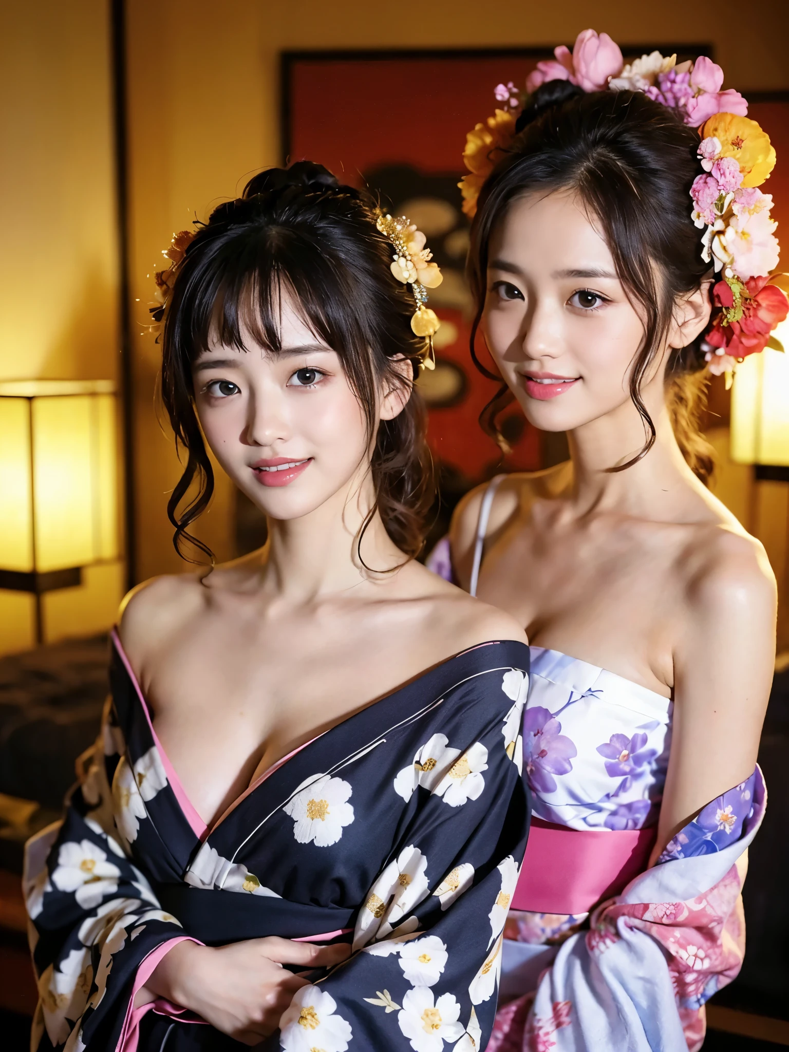 (one young girl), very cute face, wonderful face and eyes, (highly detailed eyes, highly detailed face), Fresh, very beautiful appearance, (超realistic, High resolution), (highest quality:1.4), RAW photo, (realistic, Photoreal:1.37), professional photography, (floral pattern yukata:1.5), (Open yukata), (cleavage:1.2), (bare shoulders), smile a little, (look at me), Bedroom, girl portrait,