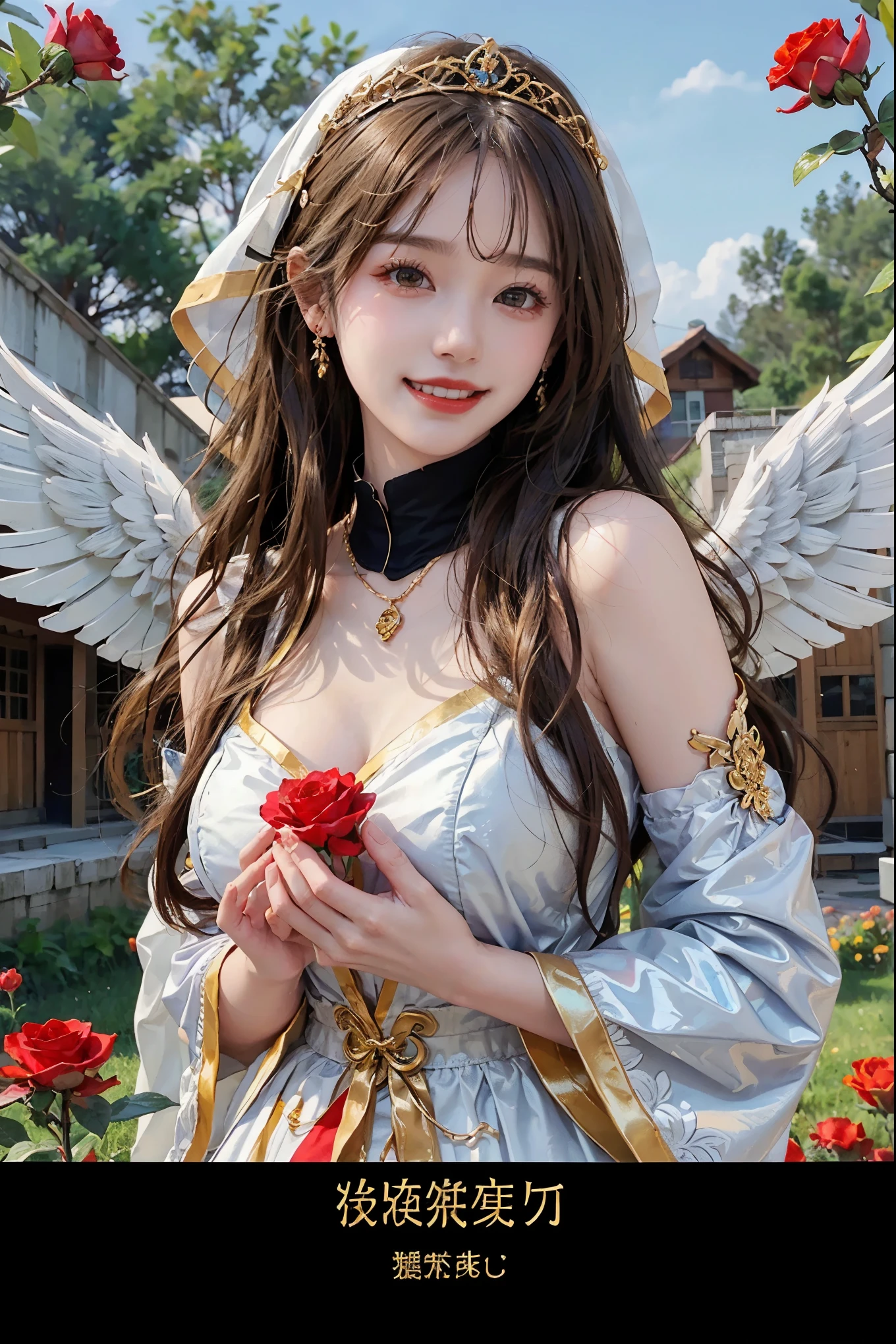 ((highest quality)), ((masterpiece)), (be familiar with), perfect face、20old angel、white wings、wings are big、nun costume、Gold tiara、Gold earrings、gold necklace、Long black hair、curly hair、smile、laughing、front、Upper body、、I'm in a rose field、eyes are big、long eyelashes