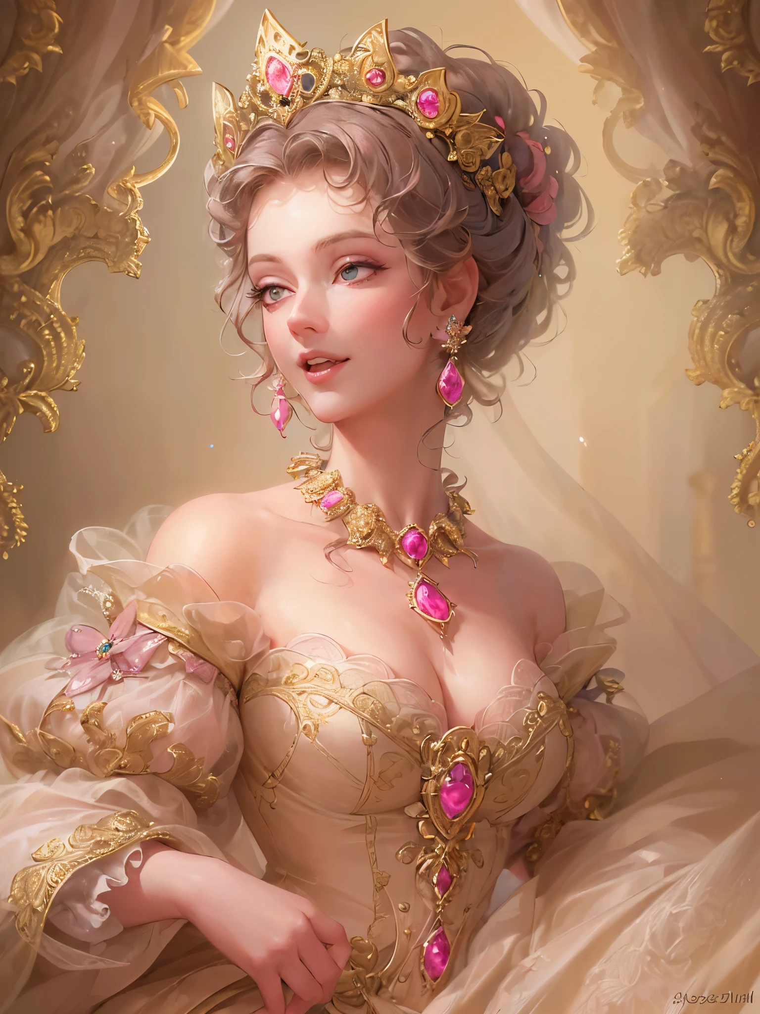 ((highest quality)),(ultra high resolution),(Super detailed),(detailed description),((best CG)),(best work of art),super precision art,amazing drawing art,(Art with precise details:1.5), (lady:1.8),(beautiful and well-shaped face:1.5),smile:1.5,(A gorgeous, pink rococo dress with intricate details.:1.5),(Tiara with sparkling jewels:1.4),