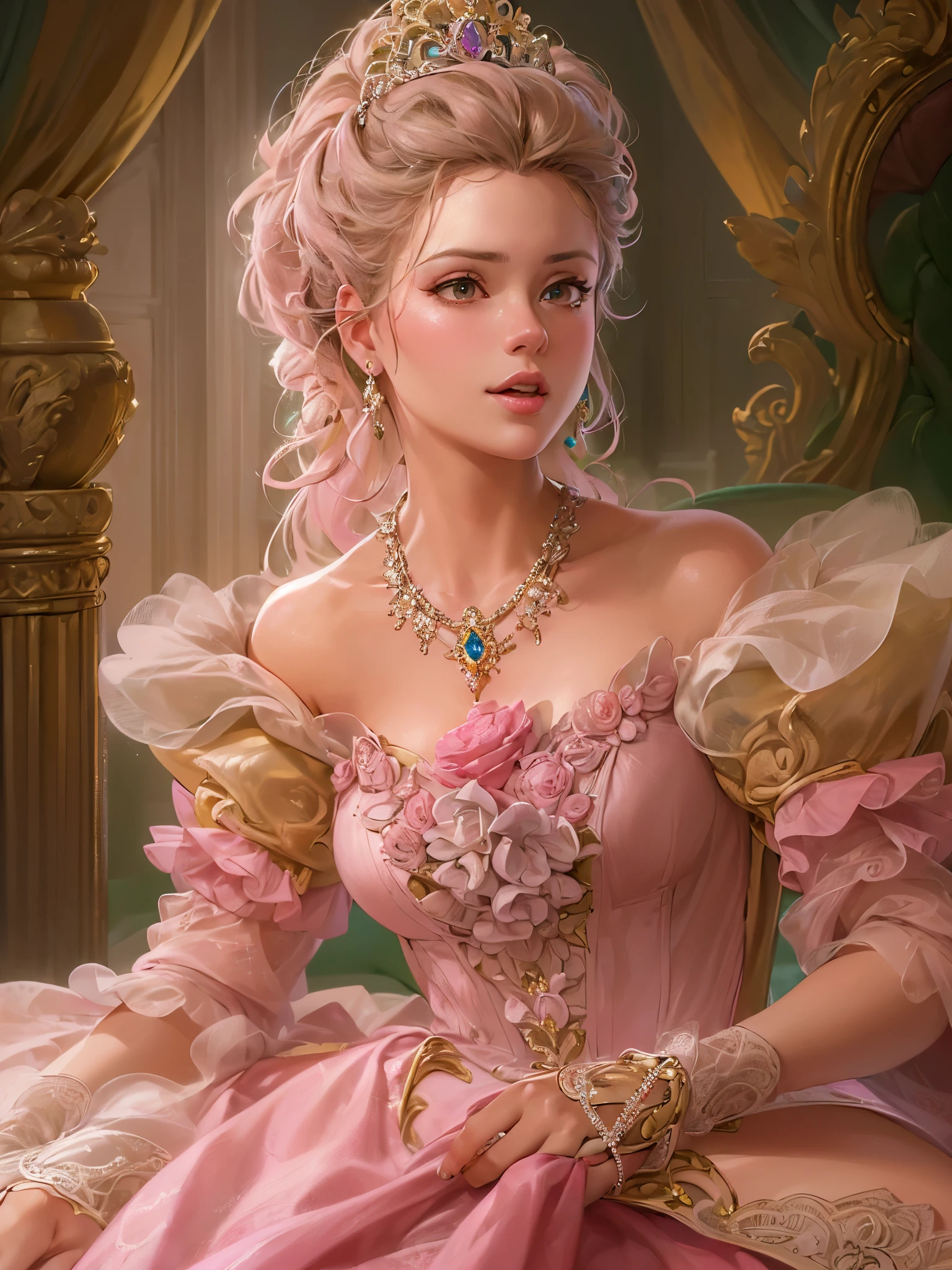 ((highest quality)),(ultra high resolution),(Super detailed),(detailed description),((best CG)),(best work of art),super precision art,amazing drawing art,(Art with precise details:1.5), (lady:1.8),(beautiful and well-shaped face:1.5),smile:1.5,(A gorgeous, pink rococo dress with intricate details.:1.5),(Tiara with sparkling jewels:1.4),