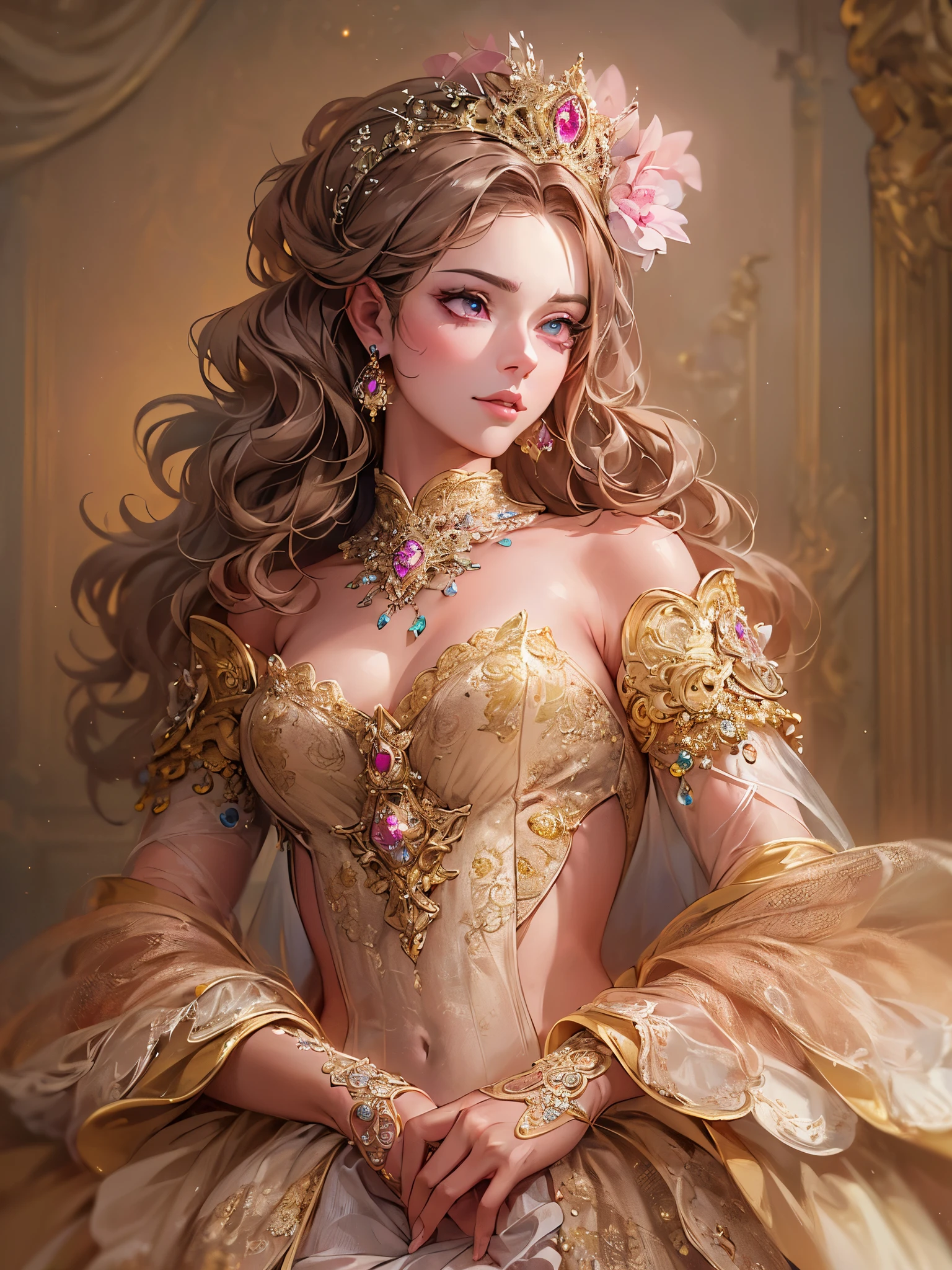 (masterpiece:1.5), (((top quality, best quality, high quality))), ((intricately detailed, ultra-detailed, insanely detailed)), highres, 32K, extremely detailed unity CG 8K wallpaper, (beautiful and aesthetic:1.2),, (depth of field:1.3), (immaculate:1.3), (delicate detailed depiction:1.4), (photorealistic:1.4), (surrealism:1.3),
(((brilliant full lighting, luscious vibrant colors))),  (ambient volumetric backlighting:1.5), (illustration of an immensely beautiful woman:1.3),
(upper body:1.2), ((full length portrait:1.3)), (perfectly centered:1.4), (elegant beauty:1.5), (((artistic pose))), (((cinematic angle))),
(1girl:1.5), (solo:1.4), (exotic dancer:1.4), (parted bangs:1.4), (straight long hair:1.4),
beautiful gorgeous face, [(detailed face:1.2):0.2], bright eyes, pureerosface_v1, ulzzang-6500-v1.1,  (closed mouth:1.5), (red lips:1.4), (full lips:1.4), (smile:1.4),
attractive flawless body, (((pronounced feminine curves))), bright glistening skin, realistic skin, skin pores, (voluptuous:1.5), (((soft belly, navel, groin:1.3))), narrow waist, (((underboob))),
<lora:xiao_wu_douluo_dalu:0.75>, (pink dress:1.5), (sparkling exquisite transparent:1.3), (explicit off-shoulder costume:1.5), (ornate glittering micro shrug:1.5),  (((fluttering golden fabricated threads))), (fringed tassels:1.3), (long detached sleeves:1.4), (((gems-adorned collar))), (fabrication glitters:1.5), (luxury intricate clothing jewelries:1.5), (jeweled embroideries:1.4), (clothing sparkles:1.4), (sparkling particles:1.3), (((sagging front seam, sagging hind seam))), (((earrings, armlets))),  <lora:venus_bikini_v0.1:0.8>, 
(walking:1.5), (outdoor magical alluring garden decorated with jewelries and gemstones and exotic flowers:1.5), (seas of colorful flowers:1.5), (surreal delicate background), (intricate complex scene), (mesmerizing atmosphere), (breathtaking scenery), <lora:detail_slider_v4:1.8>, <lora:PerfectFullBreasts-fCV3.5:1>, <lora:ãå·¥ç¬ç»ãäººç©ç»å ç¾å¥³ç»å å·¥ç¬ç» æç»_v1.0:0.5>
