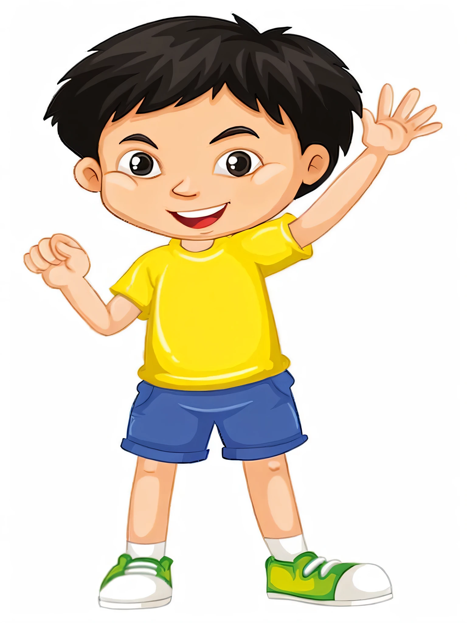a boy waving his hands up while standing on a white background, young man with short, boy has short black hair, boy with neutral face, cute cartoon character, wearing a modern yellow tshirt, young boy, pose(arms up + happy), cute young man, shoulder in front pose, cartoon illustration, happy ???, single character full body