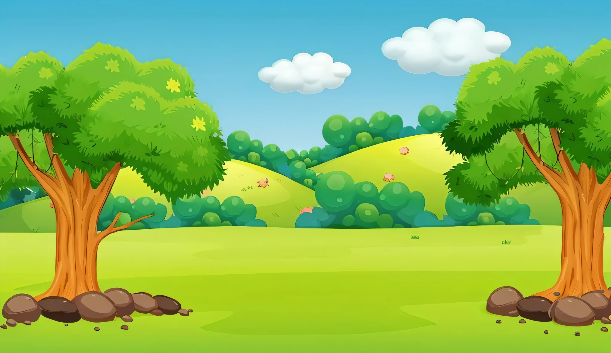 illustration of a green landscape with trees and rocks, mobile game background, background art, 2d game background, park background, game background, 2 d game art background, farm background, background artwork, field background, hills in the background, forest background, savana background, woodland background, background jungle, forest backdrop, nature background, meadow background, lush scenery
