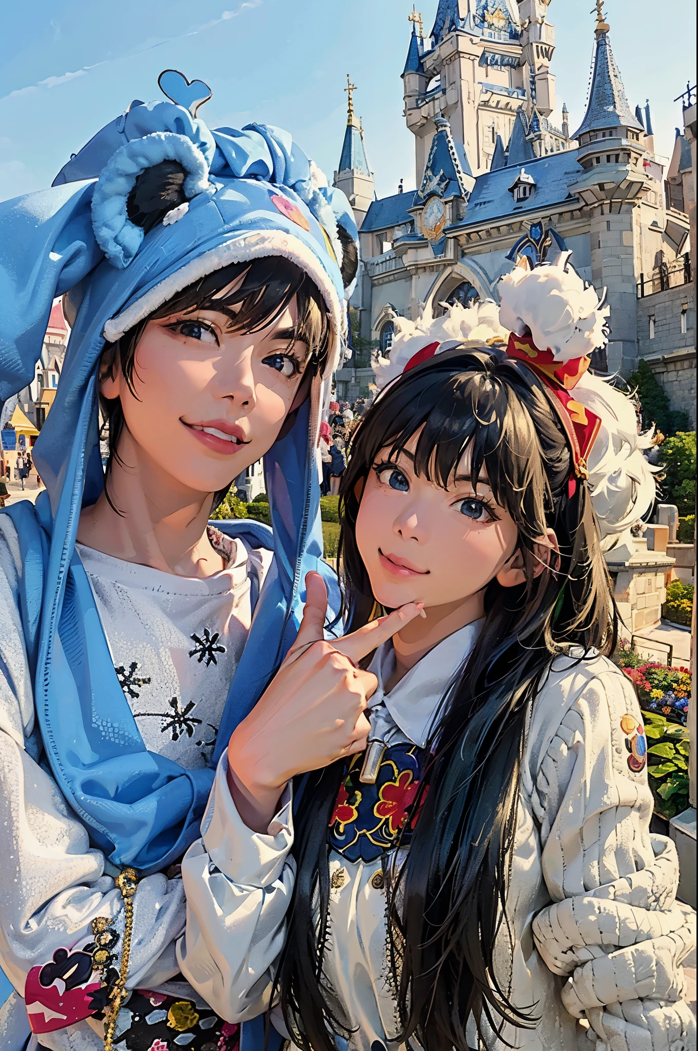 there are two people posing for a picture in front of a castle, disney!!, with big rabbit ears, with bunny ears, disney disney, with long floppy rabbit ears, mouse ears, disney artist, disney land, photo taken in 2 0 2 0, 8k)), cosplayer, with two characters, disney 8 k photo