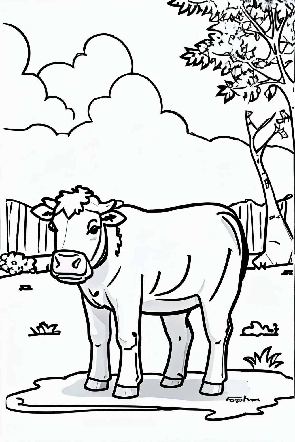 create a cow with white background for kid's coloring book line art, thick lines, high-quality black and white drawing, no coloring with plants and trees in the background