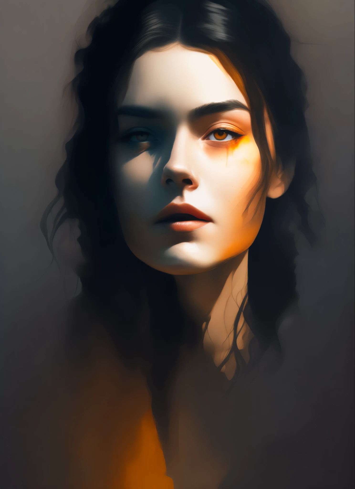 best quality,4k,8k,highres,masterpiece:1.2,ultra-detailed:1.37, agnes cecile style, portrait, beautiful woman's face with detailed features,soft and flowing brushstrokes,subtle and glowing design, Bold vivid colors, delicate ink drops blending into the background,warm and inviting autumn lights, amber and blue color palette