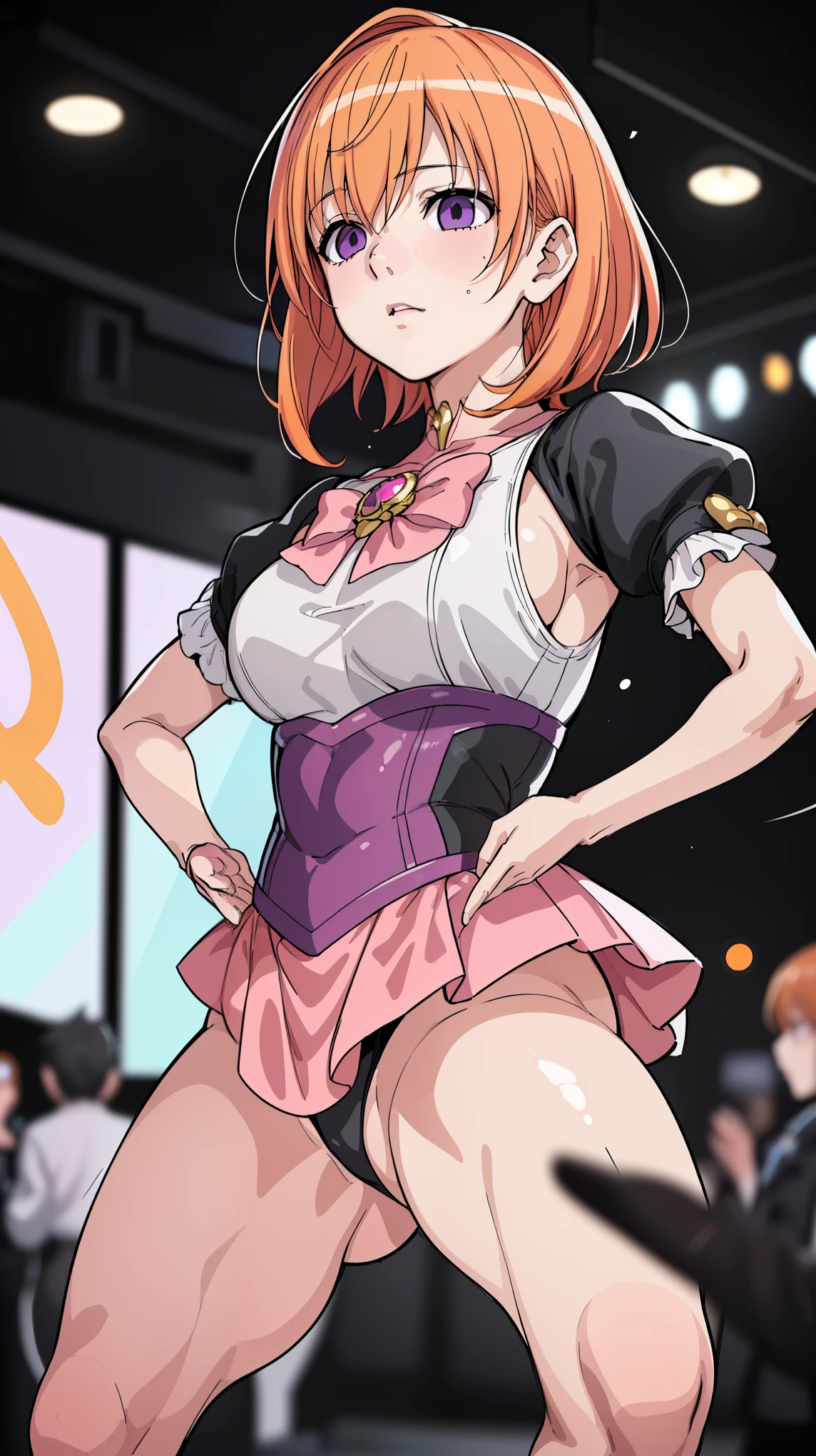 1 female,((Magical Girl 1.5)), slender body, boyish,clavicle, (orange hair), ((mullet hairstyle, extra short)), ribbon, Haigre Pose, empty eyes, Eyes glowing purple, absurd, big breasts, 全身figure,  (highest quality、4k、8k、High resolution、must have:1.2)、Super detailed、(reality、realisticです、realistic:1.37)、ticker、hyper hd、studio lighting、ultra definition paint、sharp focus、Physically based rendering、extreme details、Professional specifications、vibrancy and color、blurry、sports portrait、landscape、horror style、anime big breasts、SF、photograph、concept artist、five fingers, perfect body,  {{{masterpiece}}}, {{{highest quality}}}, {{super detailed}}, {figure}, {{very delicate and beautiful}},Promoting cost performance、all roles、Canon 5D MK4でphotograph、sprinkle、photograph, 