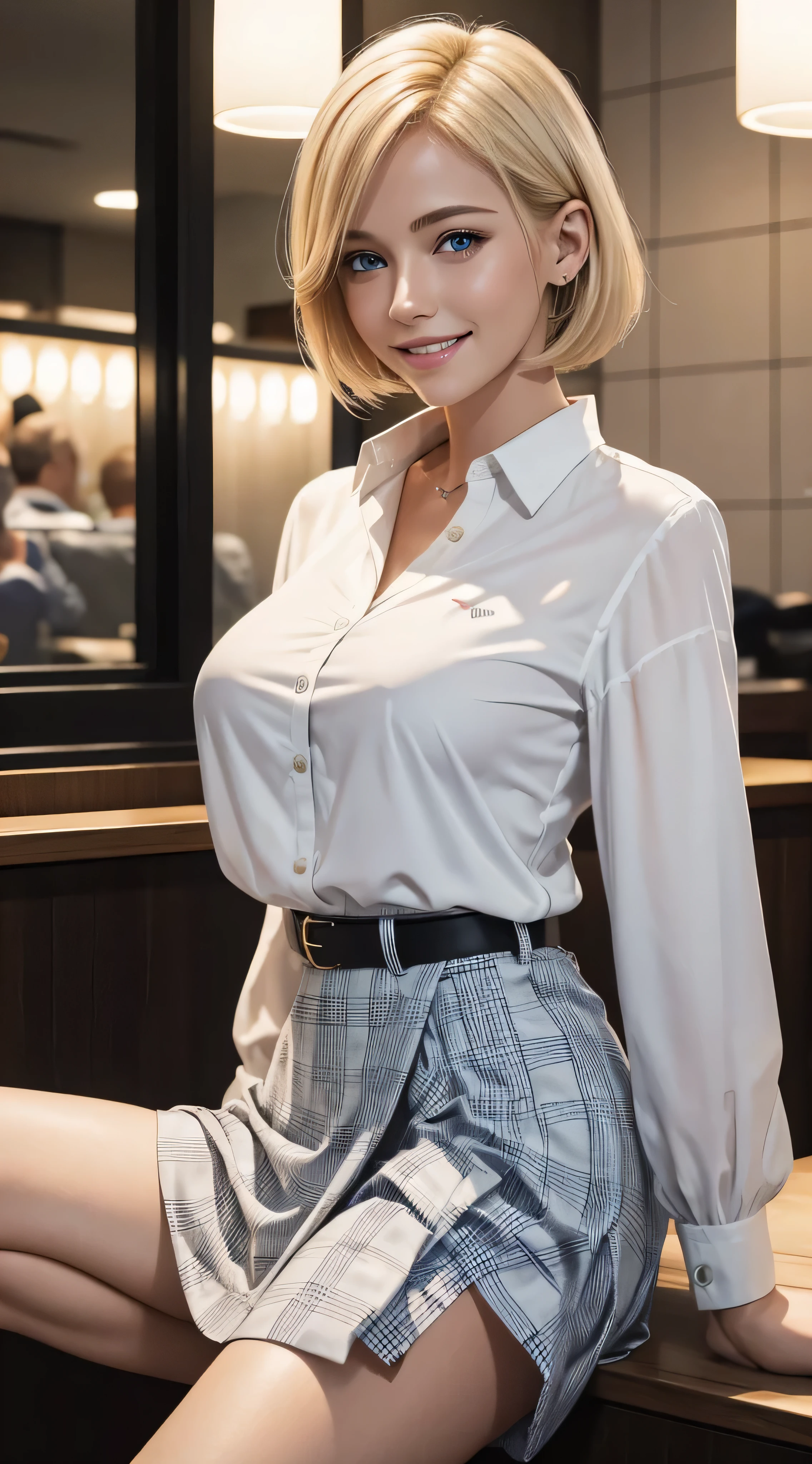 a young blonde with blue eyes and streight short hair , She is wearing,Wearing a white blouse, Smooth white tight clothes suit Pleated skirt with many checked folds、,ela esta sorrindo, she is showing her teeth, Cena noturna, melhor qualidade, obra-prima, 8k, cinematic lighthing, trabalho premiado.in a crowded café at dusk、looking at another direction