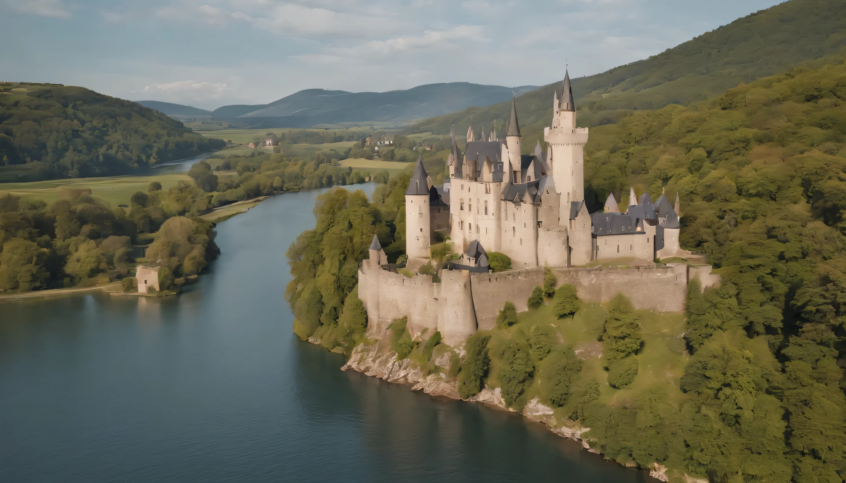 (Highly detailed CG Unity 8k wallpaper、masterpiece、highest quality、Super detailed)、(best lighting、best shadow、very delicate and beautiful)、highest quality、8k、Detailed facial depiction、masterpiece、highest quality、clear image quality、
Romantic landscape of castles and villages along the Rhine。