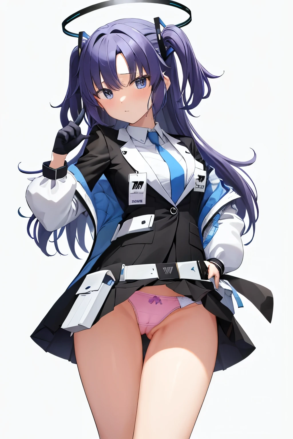 table top, highest quality, Super detailed, 1 girl, Belt Pouch, 黒いgloves, 黒いJacket, 黒のskirt, 青いtie, closed mouth, Default, gloves, hair ornaments, half gloves, ID card, Jacket, long sleeve, ミニskirt, 色とりどりのJacket, tie, プリーツskirt, Pouch, shirt, skirt, 一peoplein, white background, white belt, 白いJacket, 白のshirt, Yuuka, smile,((ピンクのレースpanties))、cowboy shot、,sexy pose Bewitching、black knee socks、Show panties through stockings、looking at the viewer、panty shot、Composition from the front、looking at the viewer、You can see her pink panty shots and slender body.1people々々'Japan181 year old girl、一people々in、slightly disheveled hair、頭からつま先まin全身、Composition from slightly below、ピンクpanties、pink underwear、skirtをたくし上げる、garbage house、NSFW, open your mouth , blush your nose, ((足の間hand of)), (((looking at the viewer))), pull down panties, boy undresses girl'panties, (((show off your pussy))), Detailed boy'hand of, (((detailed pussy))),skirtをたくし上げる、skirtたくし上げ、skirtを上げる、show underwear、