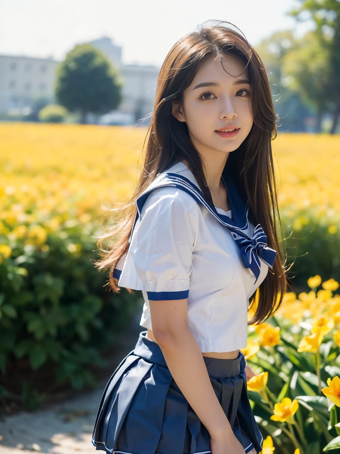((((highest quality))))、(((Ultra-precision CG16K wallpaper)))、(((masterpiece)))、(((Super detailed)))、(((super extreme details)))、１people's women、mature woman、25 year old woman、((Japanese face))、((very beautiful face))、((Hikaru Takahashi:1.5))、((straight semi-long hair:1.3))、(shiny hair)、bangs up to eyebrows、beautiful brown hair、beautiful delicate eyes、brown eyes、raised eyebrows、high nose、small nostrils、small mouth、seductive lipouth slightly open、beautiful breasts、((C cup size breasts))、cleavage、plump body、perfect proportions、perfect anatomy、perfect composition、beautiful detailed shading、beautiful natural lighting、beautiful detail glow、Depth of the bounds written、soft focus、(((High chroma)))、(((real:1.9)))、((vivid:1.4))、((beautiful skin))、((skin texture))、((realな皮膚感))、(((cowboy shot:1.5)))、((Angle seen from the front:1.5))、((smile:1.3))、(Eyes looking at me:1.5)、bright sunshine、(((lily flower field:1.3)))、(model pose:1.5)、(((high school girl uniform、Sailor suit wearing、pleated miniskirt clothing:1.6)))、