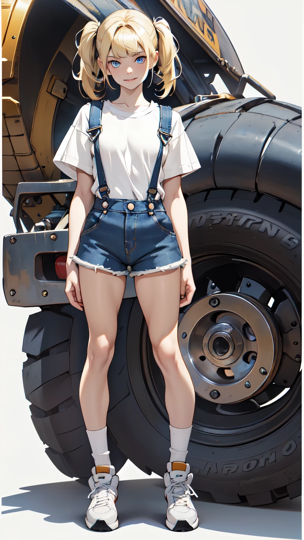 (absurdres, highres, ultra detailed),(absurdres, highres, ultra detailed), 1 girl, (()), finely detailed eyes and detailed face, warm smile, (low single side twintail bum with blunt bangs hairstyle), (((wearing a white T-Shirt beneath a jeans baggy denim shortall shorts))), sneakers, cute expression, ((anime character sheet)), (((full body))), (several poses and expressions), blue eyes, ((blonde hair)), dynamic pose, (((pale skin))), white background