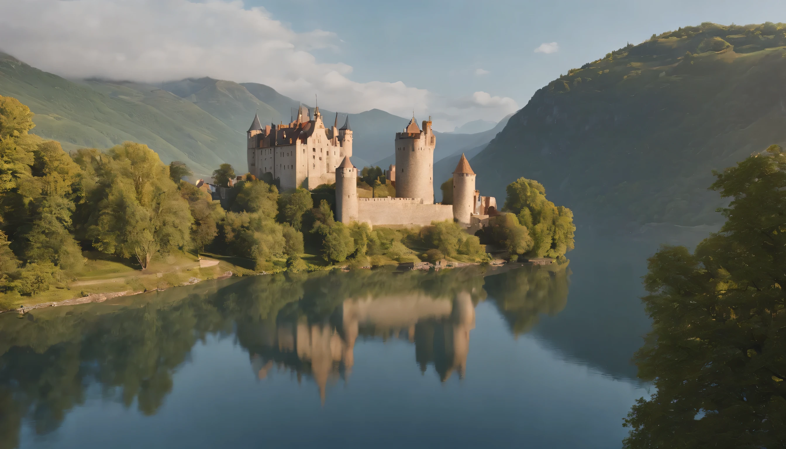 (Highly detailed CG Unity 8k wallpaper、masterpiece、highest quality、Super detailed)、(best lighting、best shadow、very delicate and beautiful)、highest quality、8k、Detailed facial depiction、masterpiece、highest quality、clear image quality、
Romantic landscape of castles and villages along the Rhine。
