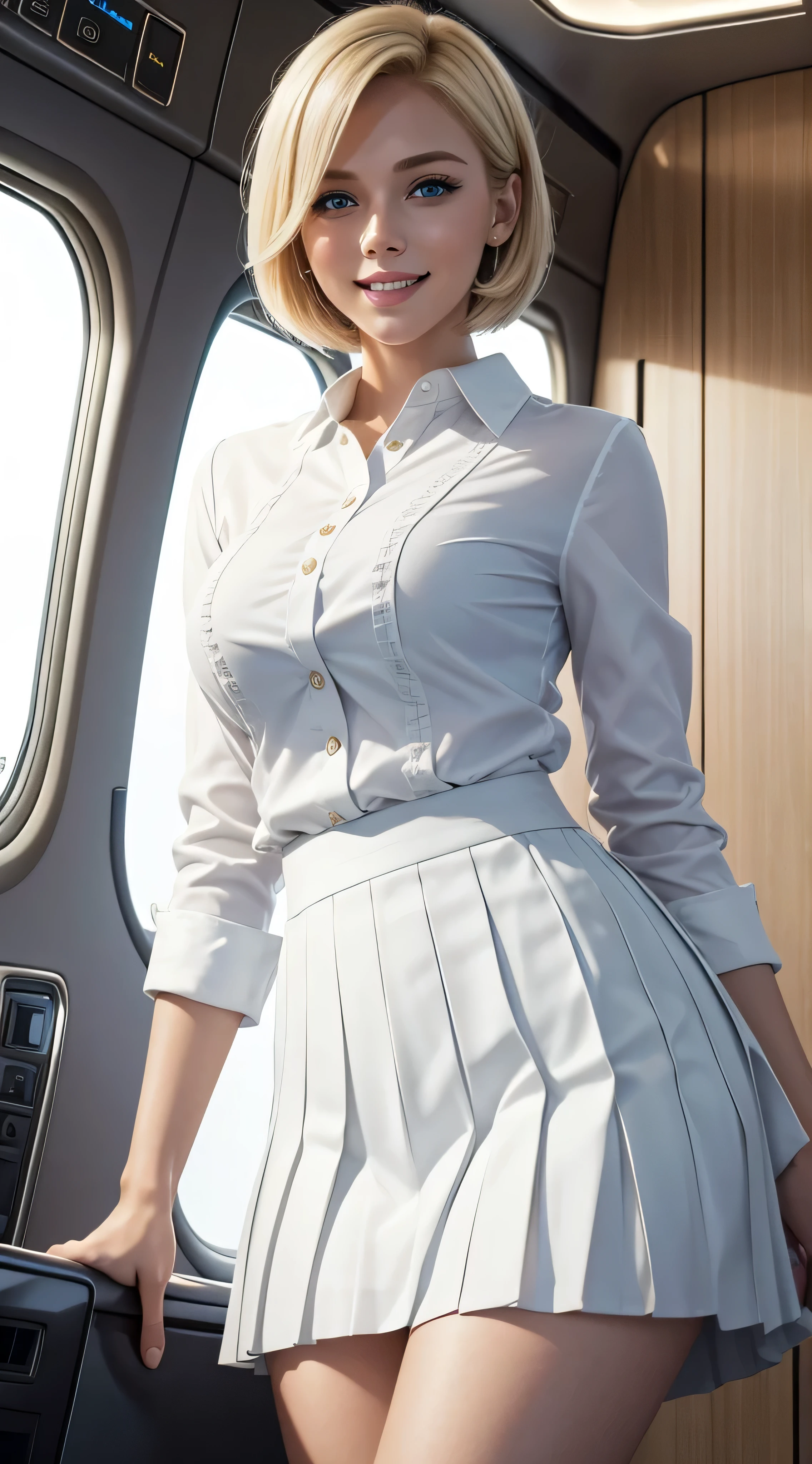 a young blonde with blue eyes and streight short hair , She is wearing,Wearing a white blouse, Smooth white tight clothes suit Pleated skirt with many checked folds、,ela esta sorrindo, she is showing her teeth, Cena noturna, melhor qualidade, obra-prima, 8k, cinematic lighthing, trabalho premiado.inside private jet, indoor, hyper detailed background
