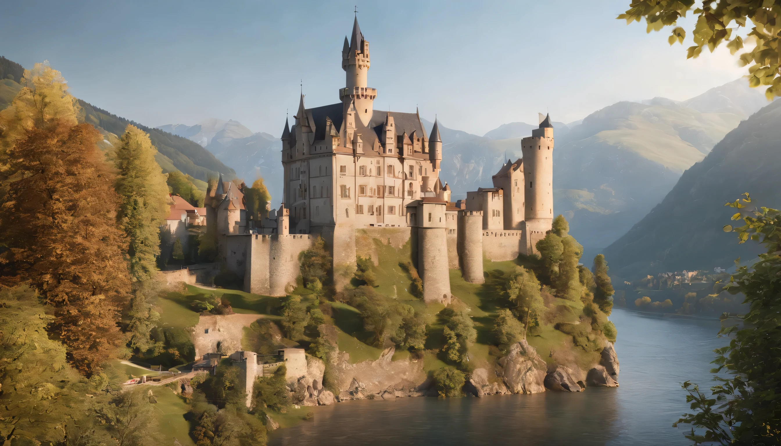 (Highly detailed CG Unity 8k wallpaper、masterpiece、highest quality、Super detailed)、(best lighting、best shadow、very delicate and beautiful)、highest quality、8k、Detailed facial depiction、masterpiece、highest quality、clear image quality、
Romantic landscape of castles and villages along the Rhine。