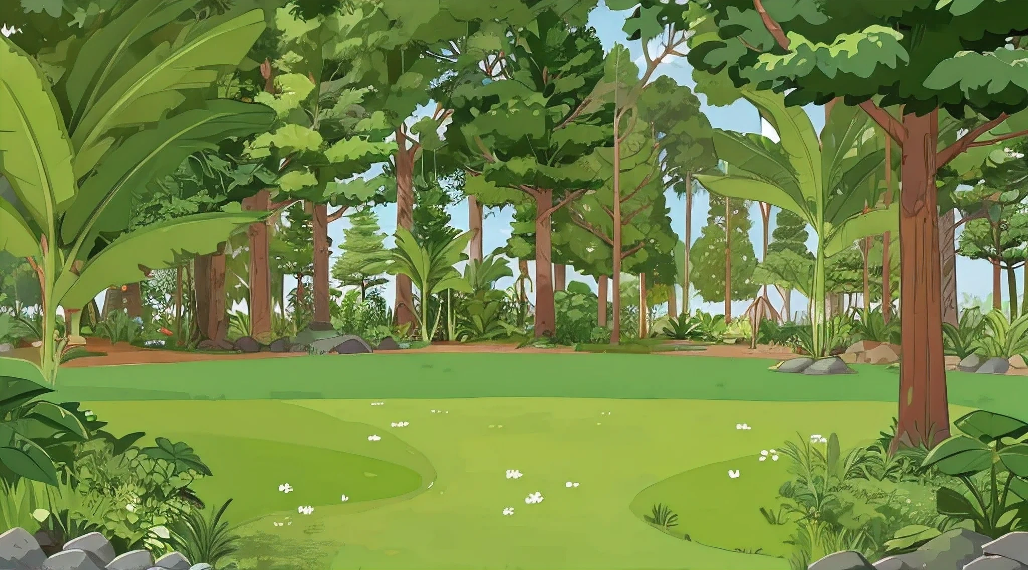 cartoon illustration of a green forest with rocks and trees, lush forest in background, the jungle at the background, forest clearing landscape, at lush forest background, deep forest on background, in a background green forest, detailed forest background, forest on background, the background is lush jungle, green flora forest, forested background, forest background, background lush vegetation