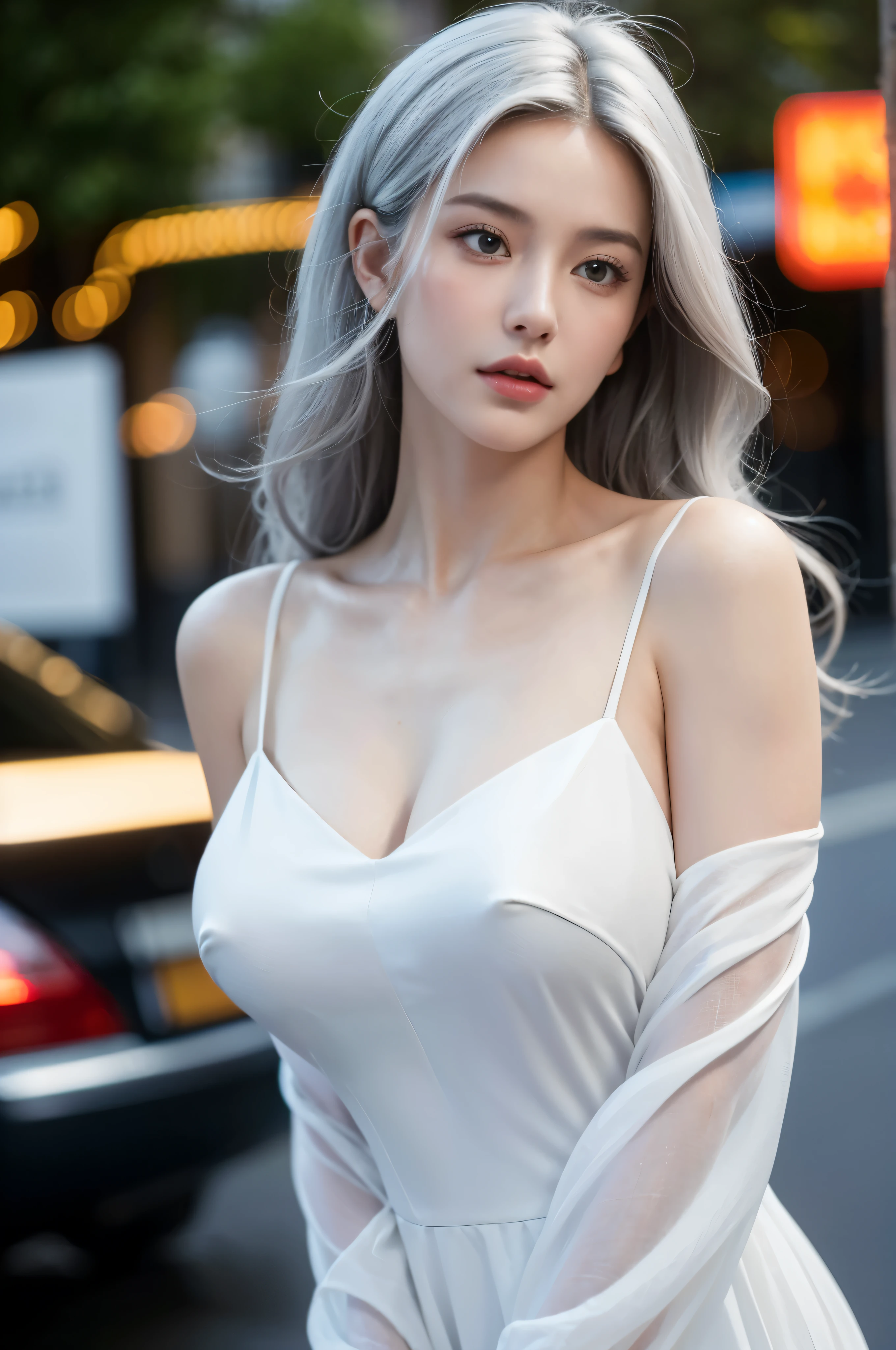 Best quality, masterpiece, ultra high res, (photorealistic:1.5), raw photo, 1girl, offshoulder, in the dark, deep shadow, low key, cold light, sexy look, white hair, long wavy hair,big chest , model photo, girl looks straight at camera,white dress, in a city.
