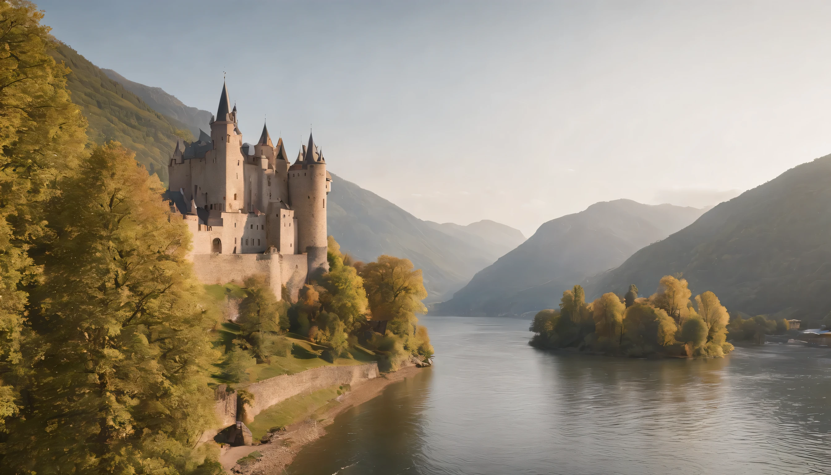 (Highly detailed CG Unity 8k wallpaper、masterpiece、highest quality、Super detailed)、(best lighting、best shadow、very delicate and beautiful)、highest quality、8k、Detailed facial depiction、masterpiece、highest quality、clear image quality、
Romantic landscape of castles and villages along the Rhine。