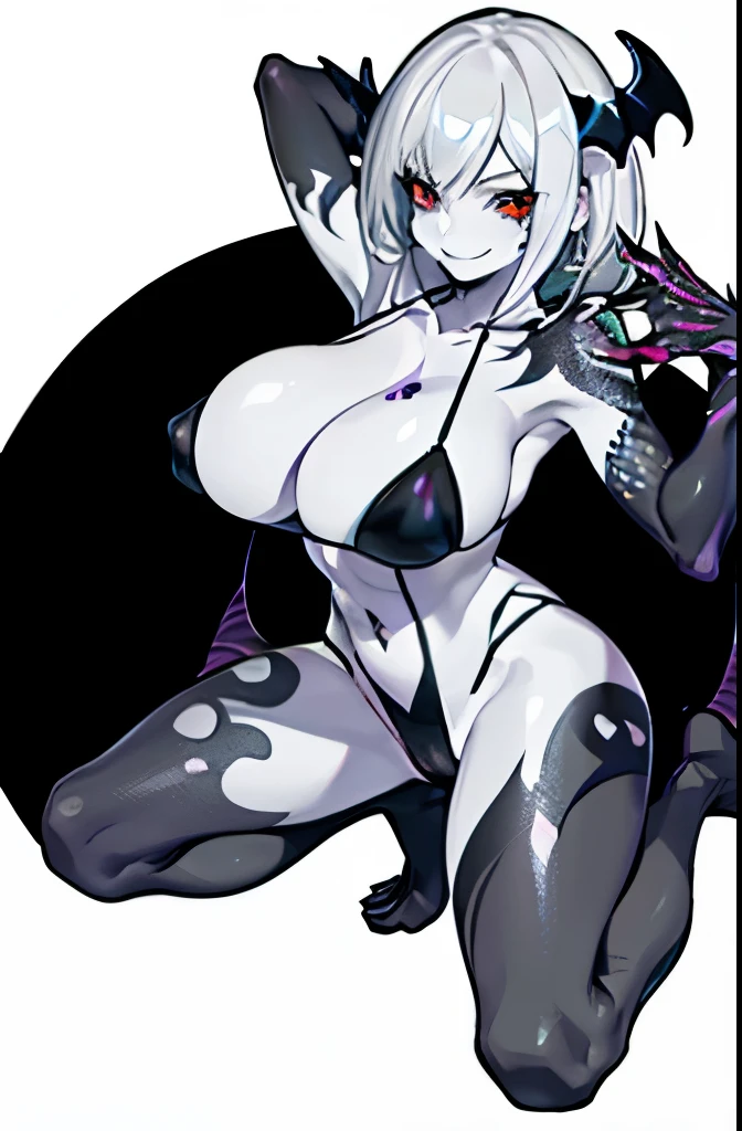 One girl, A MILF,(Best Quality), ((pale skin)))), (Huge breasts)), Colossal tits,Gray hair, Ultra detailed skin, High resolution, super detailed,((Vulgar)), Afterglow,(Dark Persona),Smirk,Full body,Torn Micro Bikini,Diabolical,black tattoo,Obscene lines,((Full body tattoo)),((Body Paint)),(Devil Costume),