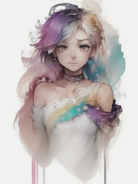 （pink fashion t-shirt：1.9），(colorfulな髪: 1.8), (all the colors of the rainbow: 1.8),(((((vertical painting：1.6))), （painting：1.6），front, comics, figures, paintings, Big eyes, clear eyes,（ Rainbow color gradation high ponytail：1.7）, Exquisite Makeup, closed mouth,(small fresh: 1.5),(wipe chest: 1.6) ，long eyelashes, white off shoulder t-shirt, white shoulder shirt，looking at the audience, big teary eyes, (rainbow colored hair：1.6), カラーsplash, （alone：1.8）, カラーsplash, explosion of colors, thick paint style, messy lines, ((shining))，(colorful), (colorful), (colorful), colorful, Thick paint Style, (splash) (Color splash), Vertical painting, Upper body, paint splash, acrylic pigment, Slope, paint, best image quality, highest quality, masterpiece, alone, Depth of the bounds written, Face paint, colorful clothes, (elegant: 1.2), nice,long hair, Wind, (elegant: 1.3), (petal: 1.4)，(((masterpiece))),(((highest quality))),((super detailed)),(figure),(dynamic angle),((floating)),(paint),((messy hair)),(alone),(1 girl) , (((Detailed anima face))),((beautiful and detailed face)),collar,bare shoulders,gray hair, ((colorful hair)),((striped hair)),detailed and beautiful eyes,(Slope color eyes),(((colorful eyes))),(((colorful background))),(((high color saturation))),(((surrounded by colorful splashes))),
