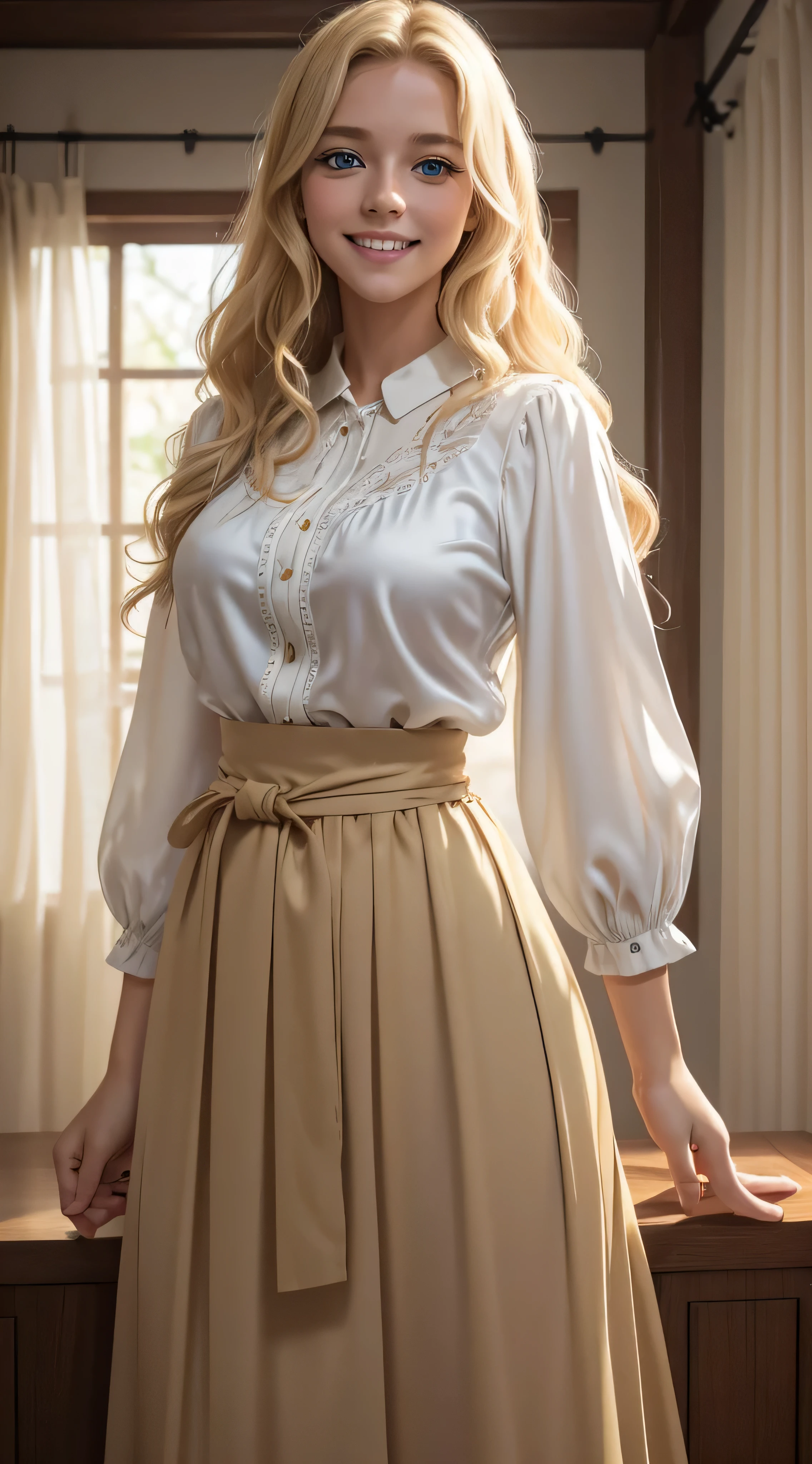 a young blonde with blue eyes and wavy hair down to her waist, She is wearing silk beige Blouses and skirts, ela esta sorrindo, she is showing her teeth, she's in a square, Cena noturna, melhor qualidade, obra-prima, 8k, cinematic lighthing, trabalho premiado.