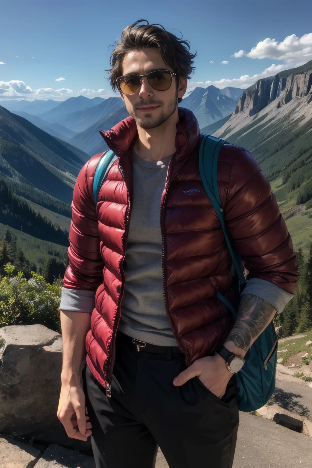 Realistic , Portrait of a handsome male tourist , Mountains