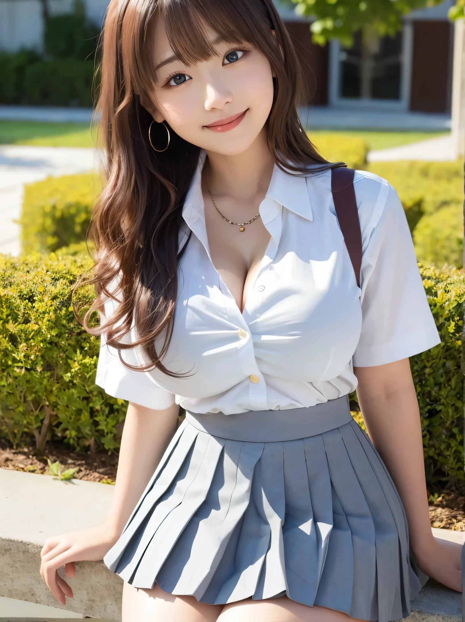 8k, highest quality, real image, intricate details, Super detailed, ultra high resolution, depth field,(realistic,realistic:1.2), from the middle, 1 Japanese girl, very beautiful 17 year old girl, Big eyes, beautiful breasts:1.5、highly detailed eyes:1.2), (beautiful breasts:1.1), (small breasts:1.3), wavy hair、curly hair、bangs, perfect skin, Fair skin, (huge hips:1.2), (thick thighs:1.2), (thick legs:1.2), (cleavage), tight waist, light blush, alone, looking at the viewer, (smile:1.2), (School_uniform), (white shirt), (gray pleated skirt), (sculpture installation :1.1), break (closed mouth)