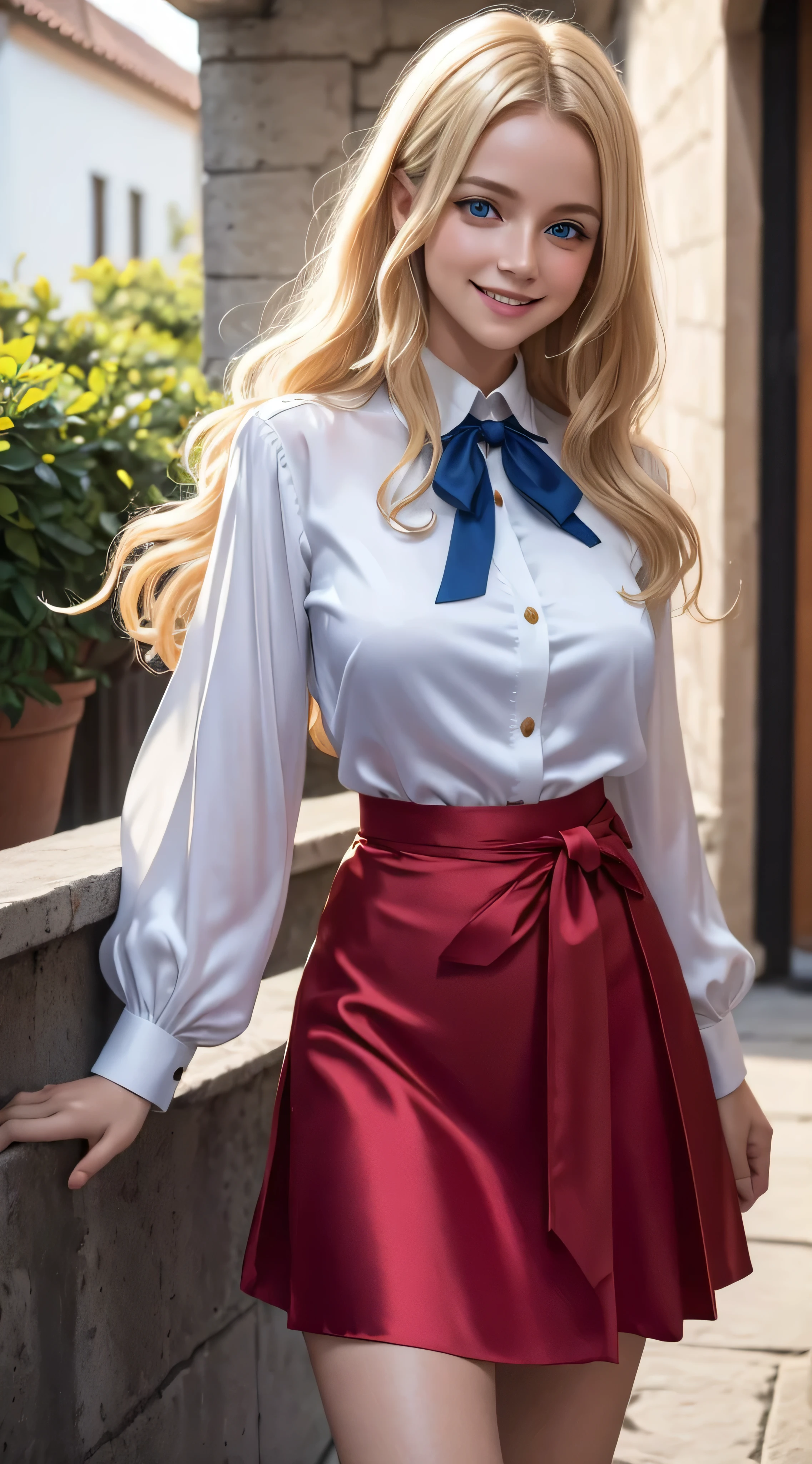 a young blonde with blue eyes and wavy hair down to her waist, She is wearing silk Blouses and skirts, Wearing a silk red blouse, wear a shirt and red skirt, ela esta sorrindo, she is showing her teeth, she's in a square, Cena noturna, melhor qualidade, obra-prima, 8k, cinematic lighthing, trabalho premiado.