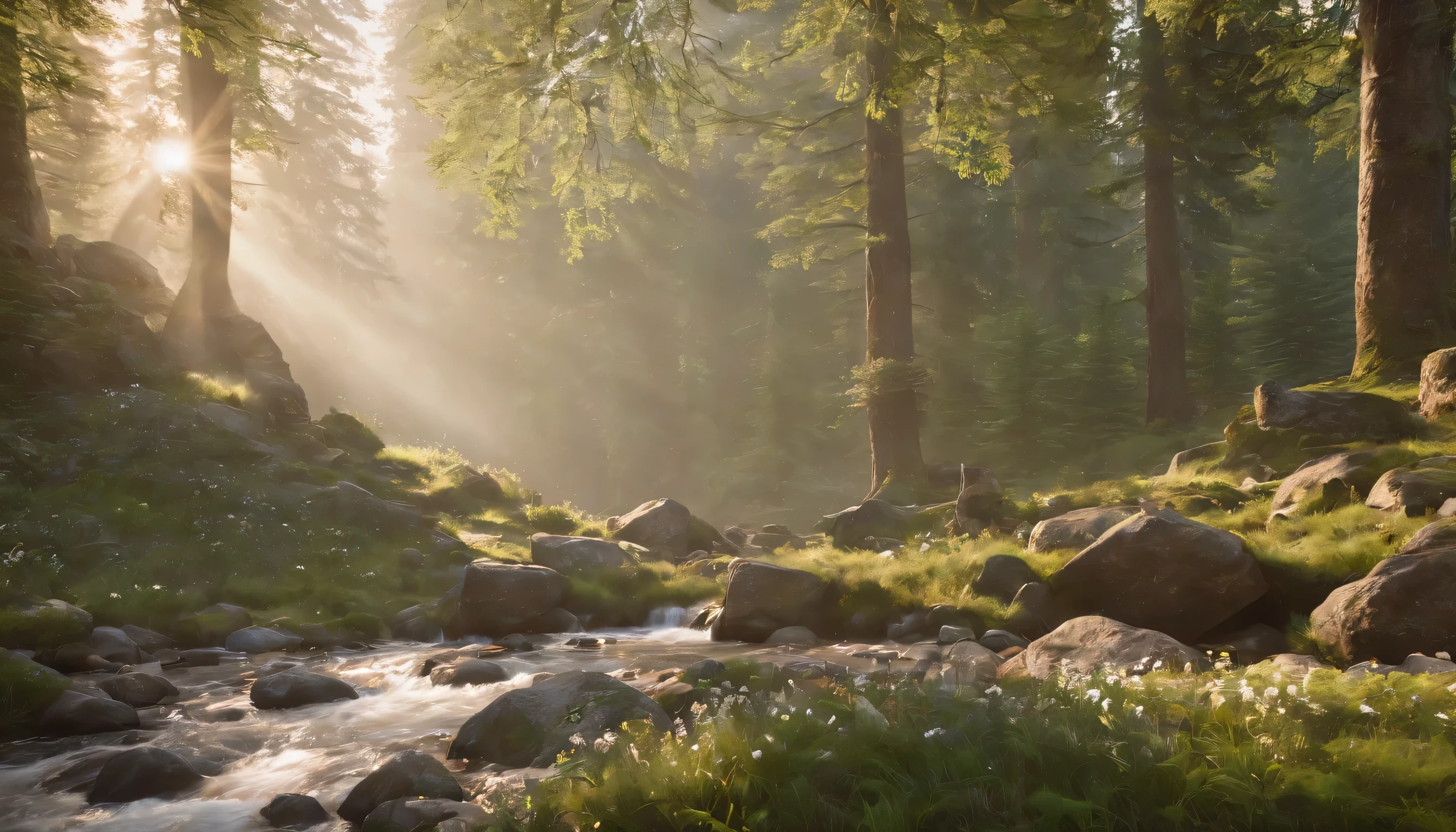 (Highly detailed CG Unity 8k wallpaper、masterpiece、highest quality、Super detailed)、(best lighting、best shadow、very delicate and beautiful)、highest quality、8k、Detailed facial depiction、masterpiece、highest quality、clear image quality、
Landscape with black forest forest and stream。
