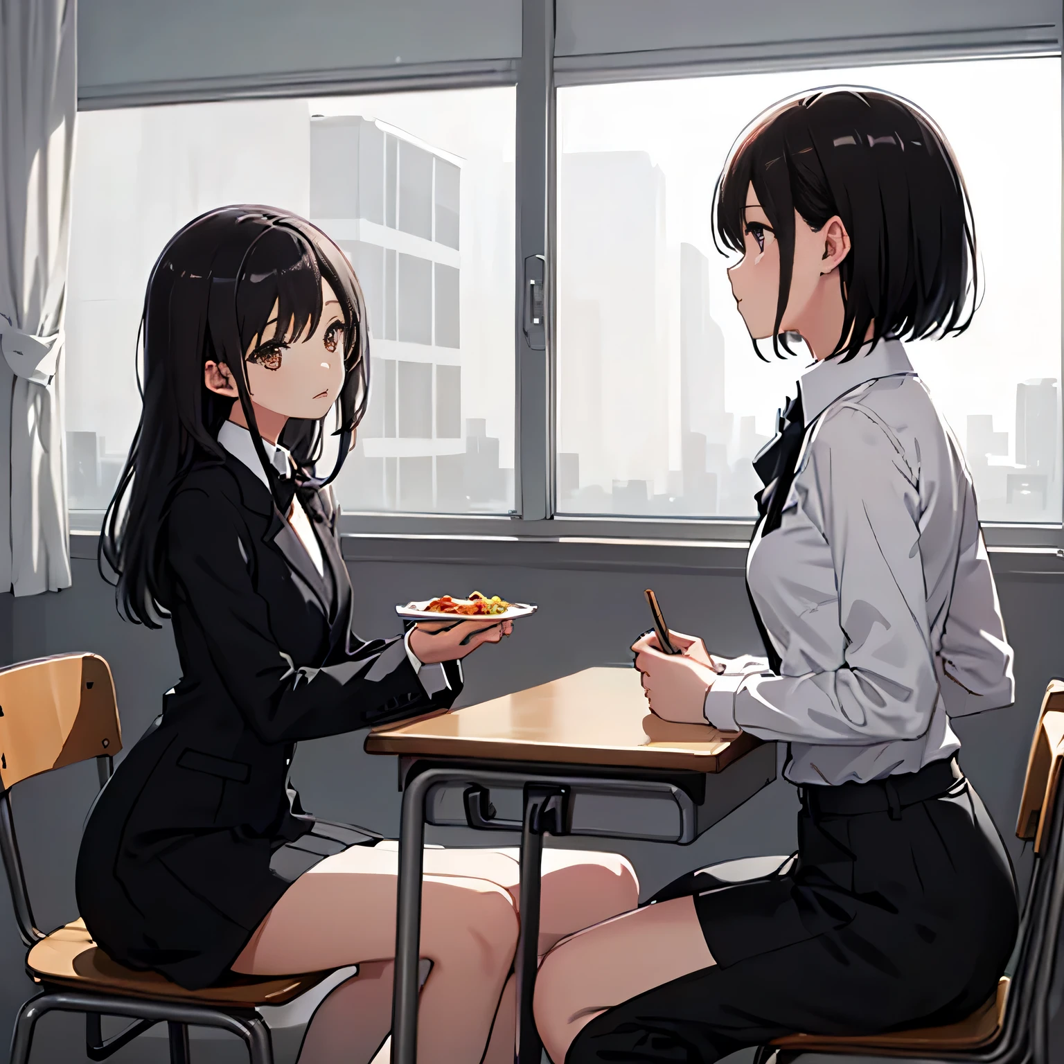 In the classroom, put two desks together and sit facing each other.、(Two high school girls wearing white long-sleeved shirt uniforms)、eat a homemade lunch、This is suitable for straight long black hair..、Short brown hair with wolf cut from behind.、(fine brown eyes)、8K、 (masterpiece、highest quality、super fine)