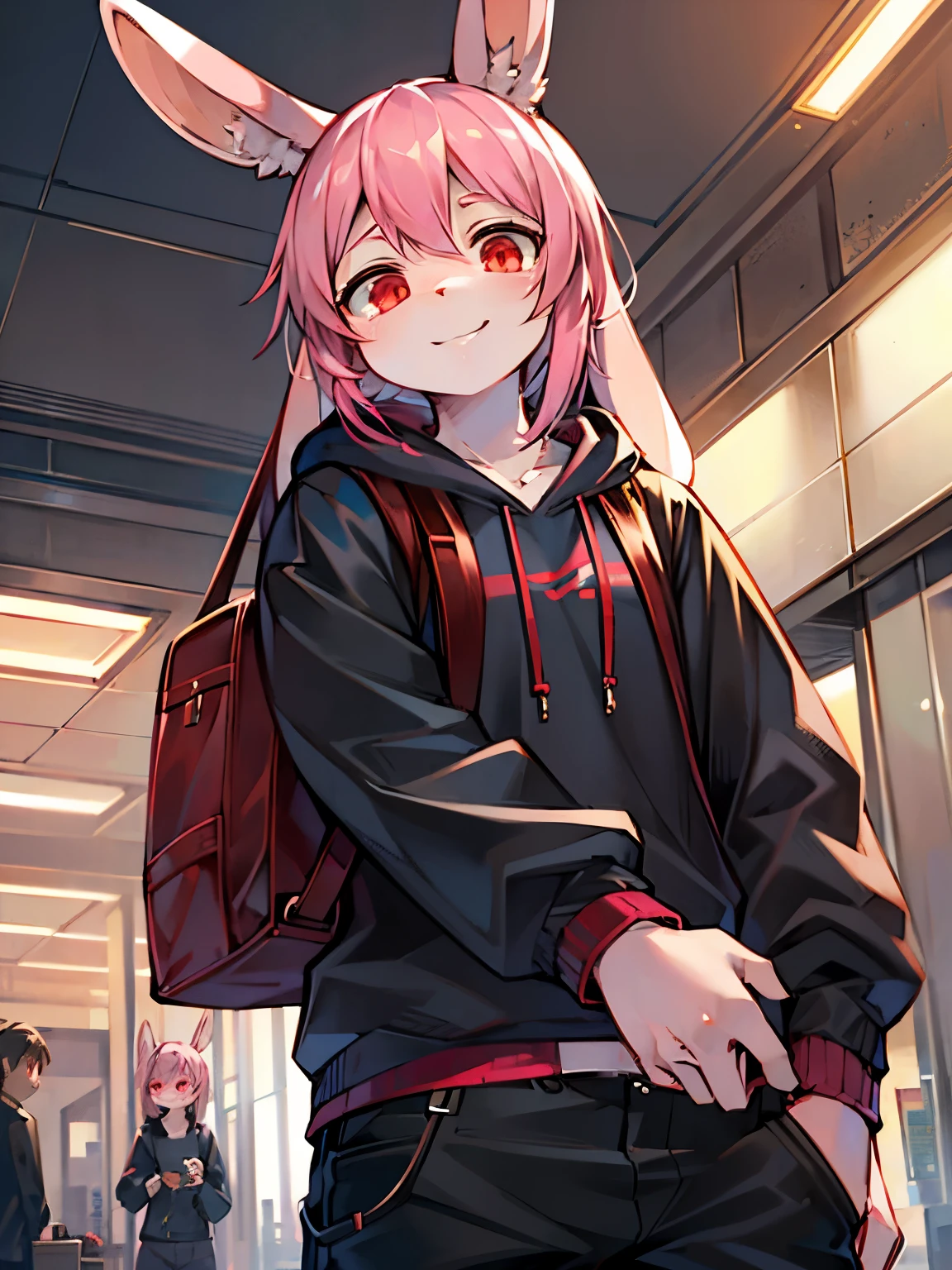 pink rabbit，alone, Kanno, pink hair, red eyes，pink bunny, Wear a gray hoodie, Wear black pants, Carry a black backpack, smile softly, look at camera, Airport background, daytime, high detail