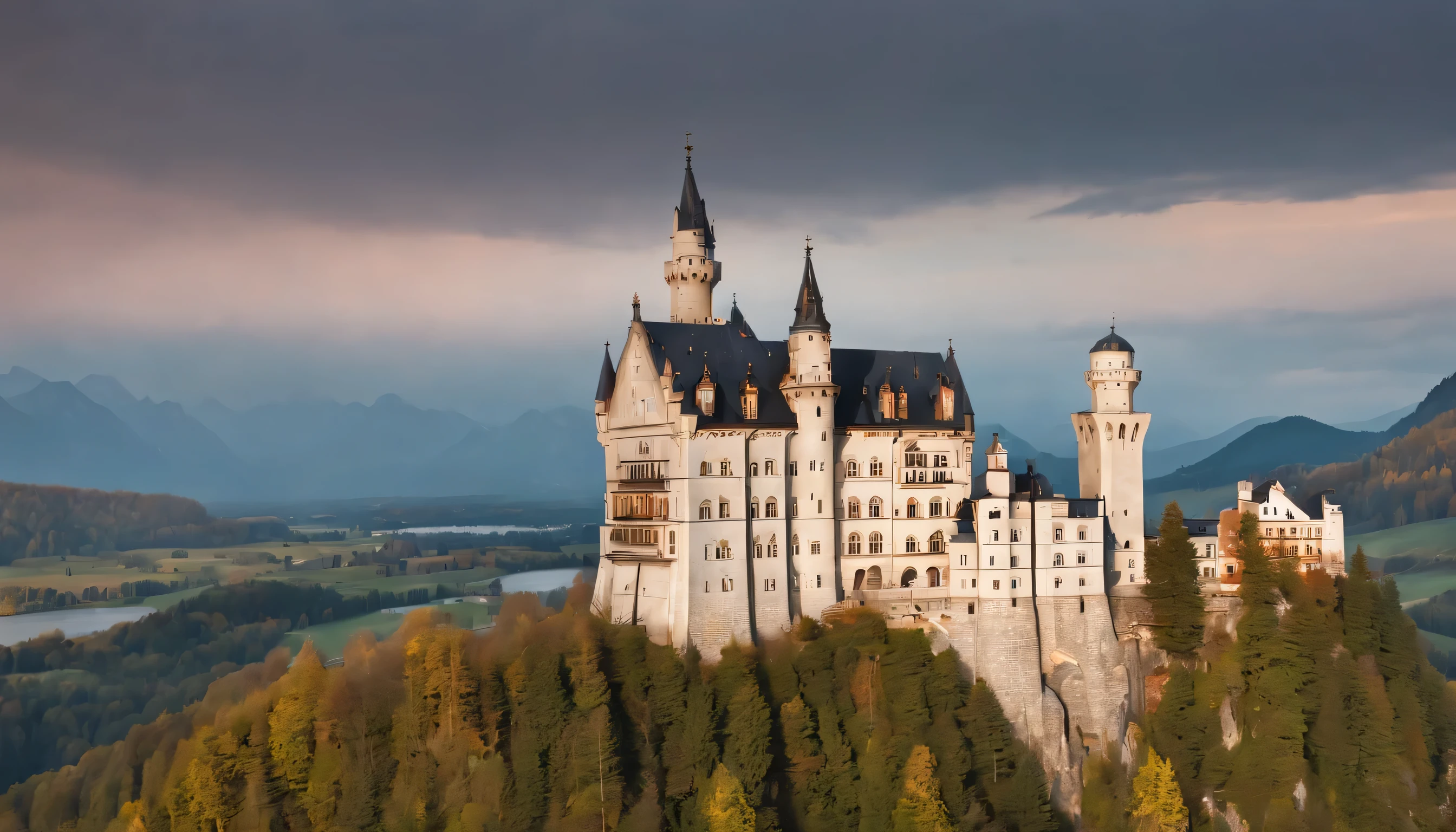 (Highly detailed CG Unity 8k wallpaper、masterpiece、highest quality、Super detailed)、(best lighting、best shadow、very delicate and beautiful)、highest quality、8k、Detailed facial depiction、masterpiece、highest quality、clear image quality、
Beautiful scenery of Neuschwanstein Castle in Bavaria。