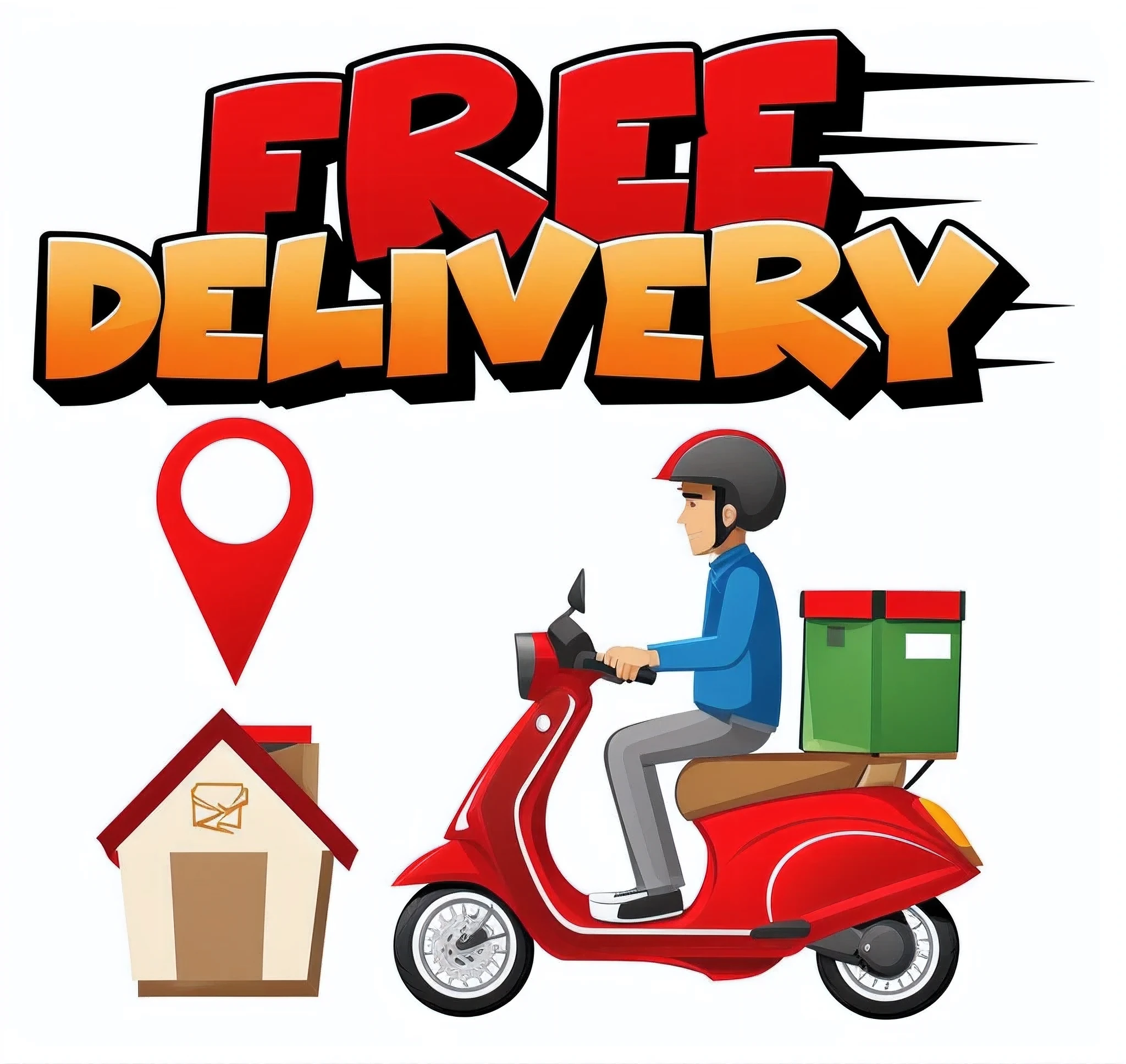 a man riding a scooter with a box on the back of it, delivering parsel box, exclusive, free, ordered, order now, order, high quality product, delivering packages for amazon, full device, delivering mail, very high quality, fast, high quality illustration, ๐ฅ ๐ ๐น๏ธ ๐ :2, fast paced, clipart, high quality image