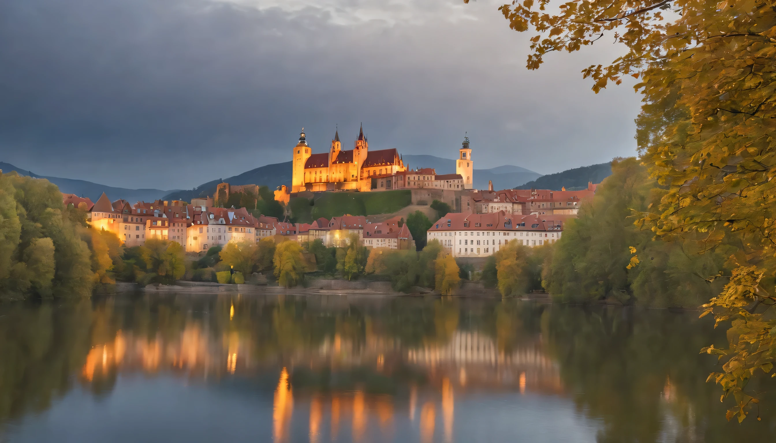 (Highly detailed CG Unity 8k wallpaper、masterpiece、highest quality、Super detailed)、(best lighting、best shadow、very delicate and beautiful)、highest quality、8k、Detailed facial depiction、masterpiece、highest quality、clear image quality、
Heidelberg Castle and Neckar river landscape in Heidelberg。