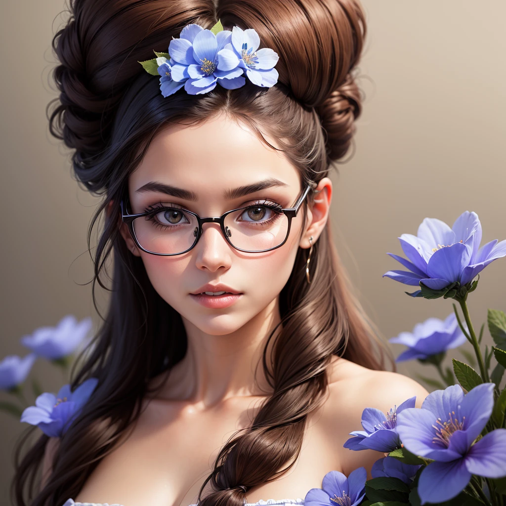 create banner with background with blue flowers, with realistic female human face with brown to black skin, brown eyes, thick and well-defined eyebrows, upturned nose, from the region of Brazil.
add glasses to face, glasses. modern and elegant frame model in metal or acetate, and can have celebrated colors such as black, brown, red, among others. Lenses can be transparent or have a slight tint.
