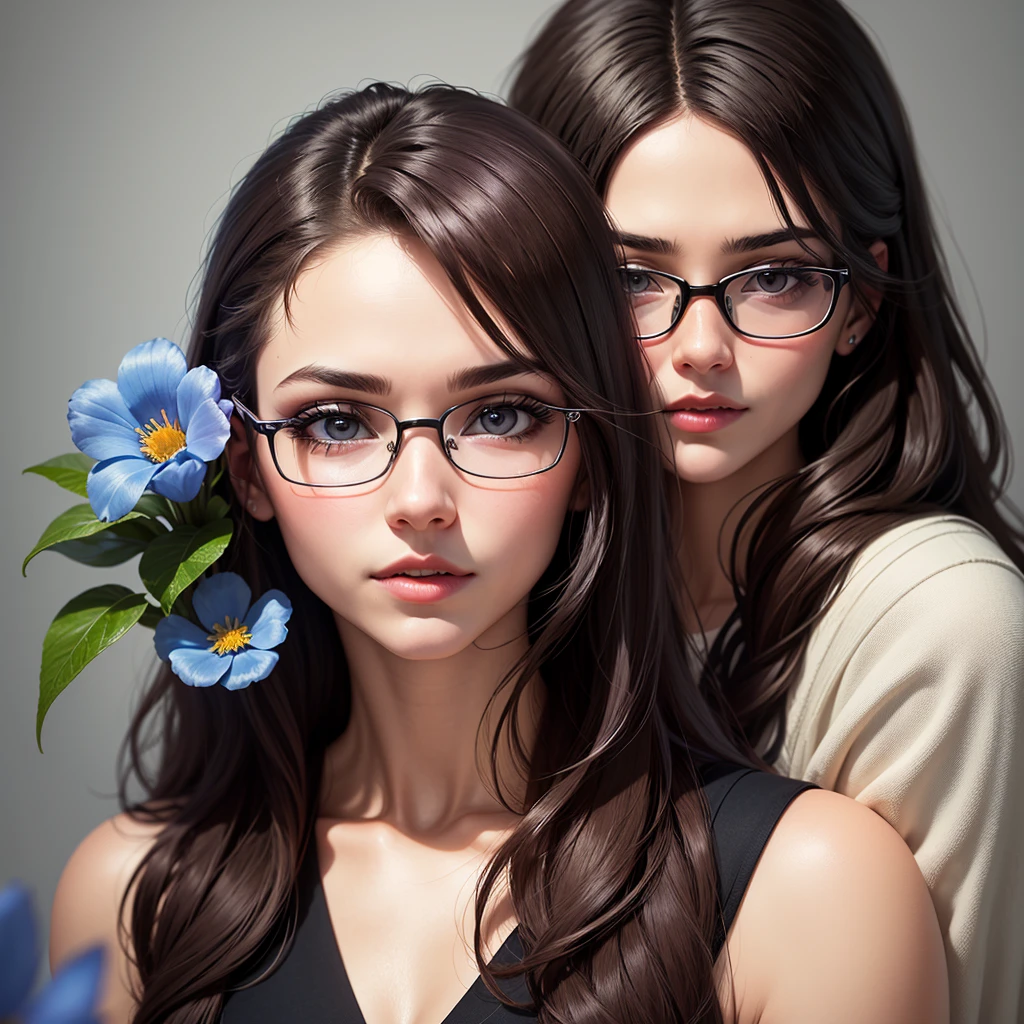 create banner with background with blue flowers, with realistic female human face with brown to black skin, brown eyes, thick and well-defined eyebrows, upturned nose, from the region of Brazil.
add glasses to face, glasses. modern and elegant frame model in metal or acetate, and can have celebrated colors such as black, brown, red, among others. Lenses can be transparent or have a slight tint. 