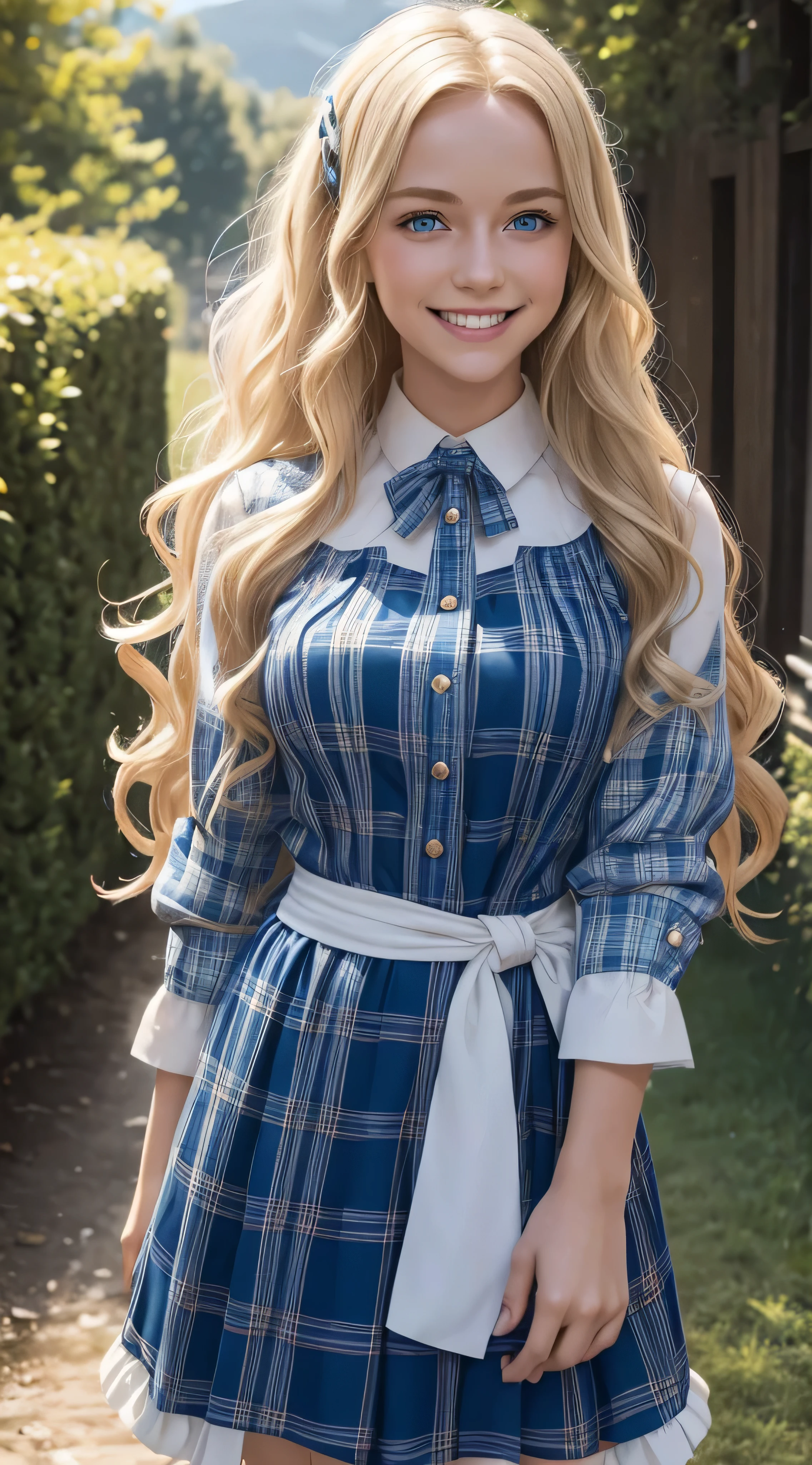 a young blonde with blue eyes and long wavy hair down to her waist, She is wearing a Complex and bold plaid dresse, ela esta sorrindo, she is showing her teeth, she's in a square, Cena noturna, melhor qualidade, obra-prima, 8k, cinematic lighthing, trabalho premiado.