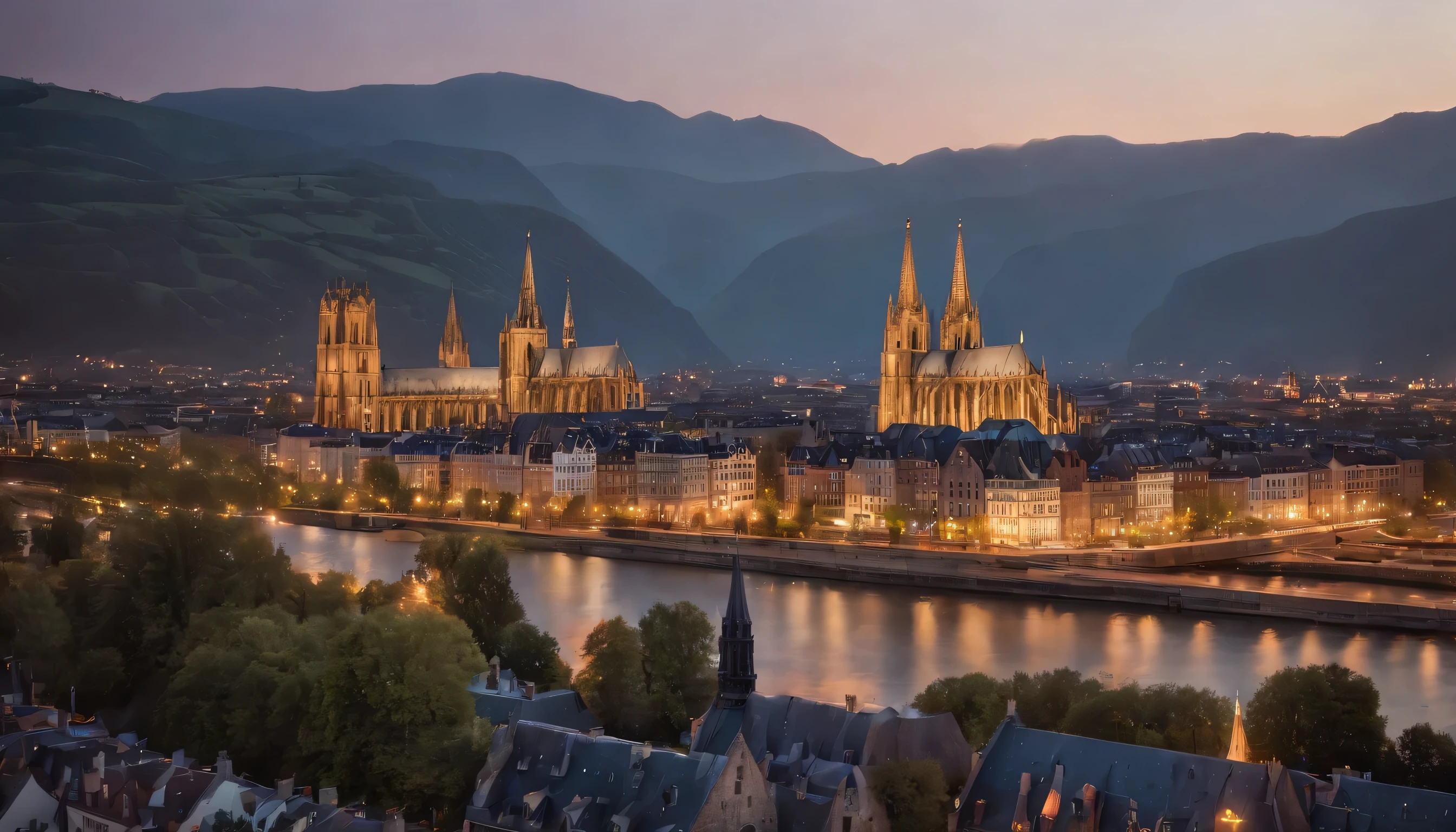 (Highly detailed CG Unity 8k wallpaper、masterpiece、highest quality、Super detailed)、(best lighting、best shadow、very delicate and beautiful)、highest quality、8k、Detailed facial depiction、masterpiece、highest quality、clear image quality、
Cologne Cathedral and Rhine river landscape in Cologne。