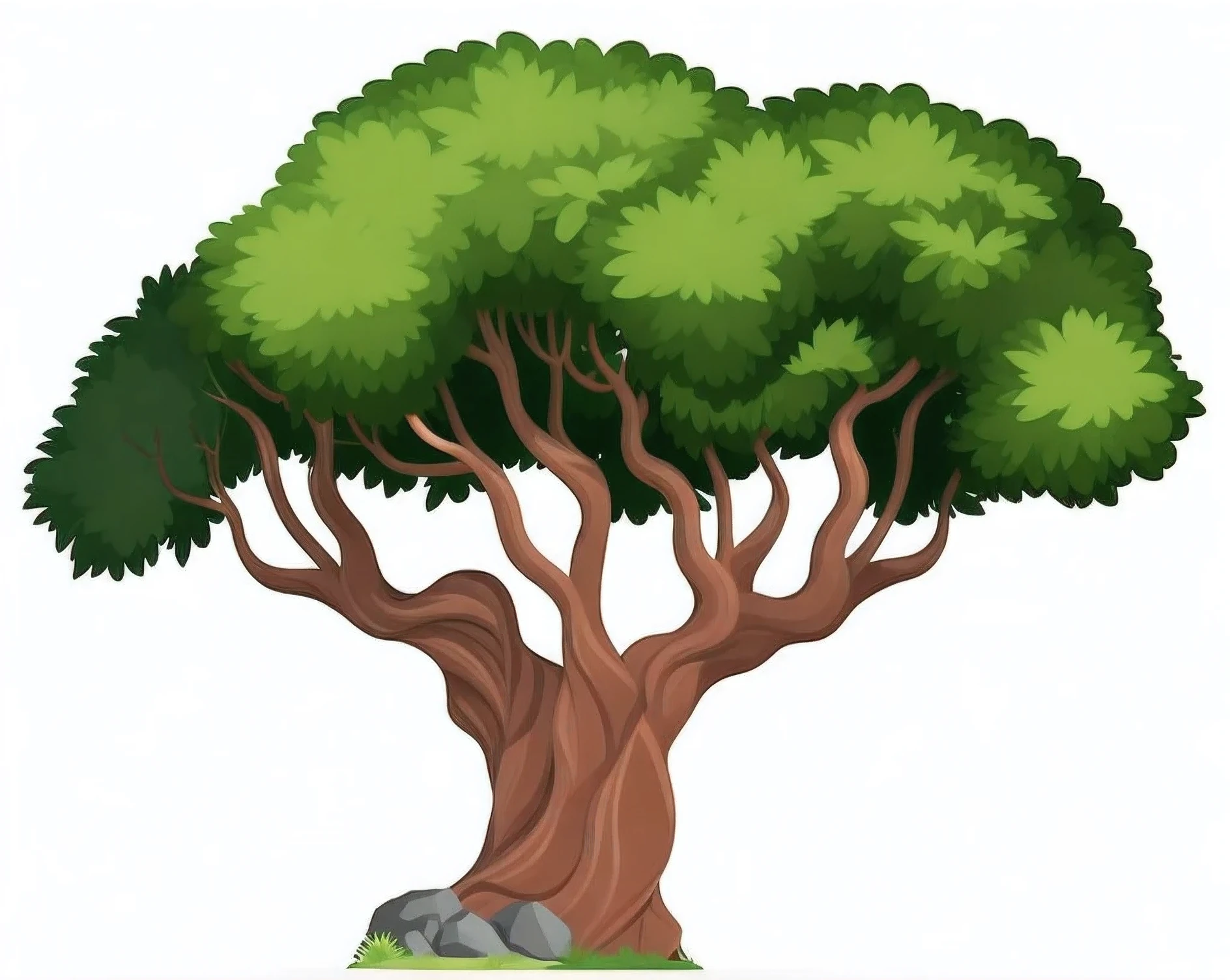a tree with a rock under it on a white background, a beautiful tree, a tall tree, arboreal, tree and plants, with a tall tree, trees growing on its body, large tree, props containing trees, rich tree, many trees and plants, tall root tree background, ancient tree, an old twisted tree, big green tree