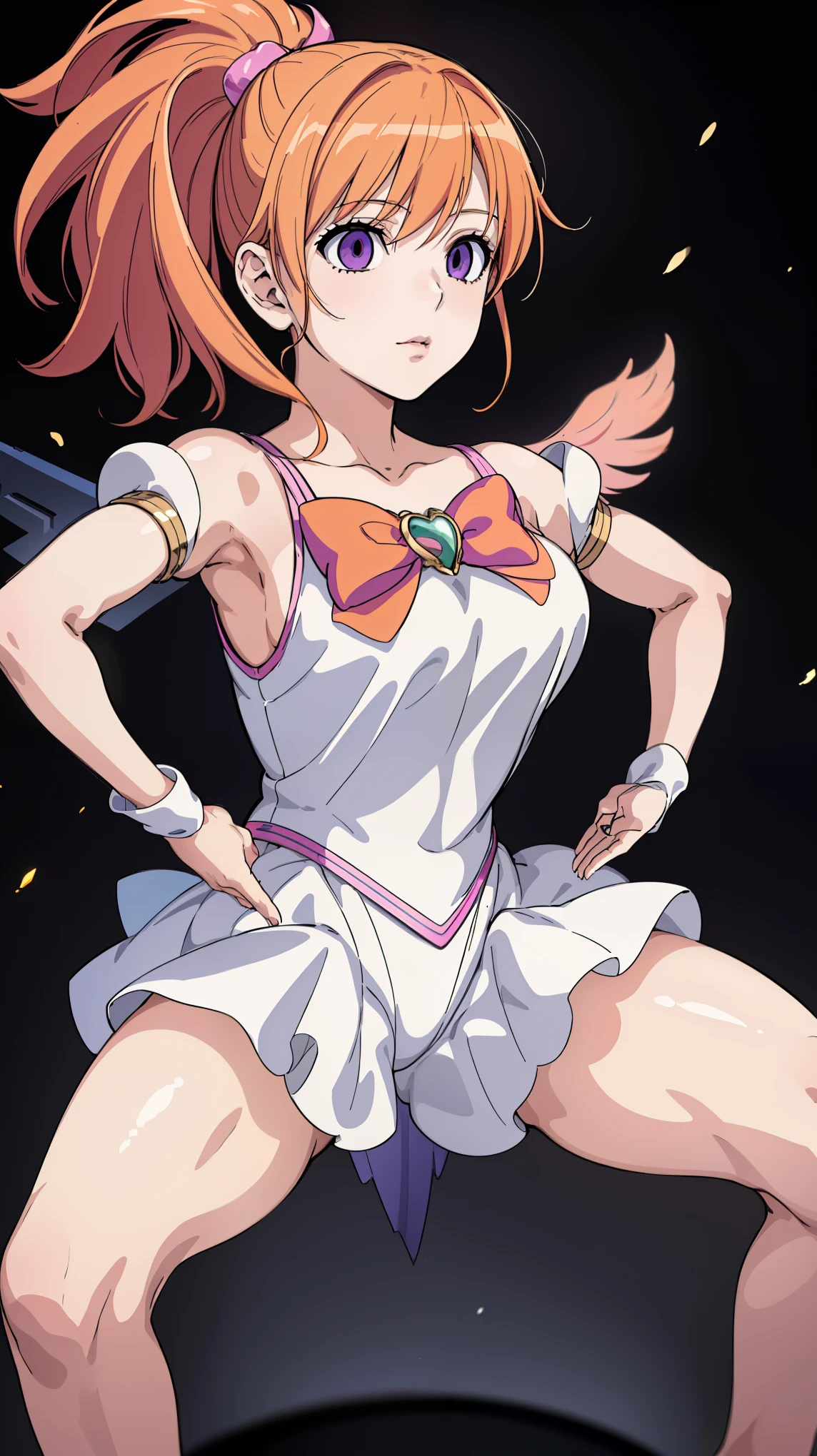 1 female,((Magical Girl 1.5)), slender body, boyish,clavicle, (orange hair), ((mullet hairstyle, extra short 1.2)) , ribbon, Haigre Pose, empty eyes, Eyes glowing purple, No expression, absurd, big breasts, 全身figure,  (highest quality、4k、8k、High resolution、must have:1.2)、Super detailed、(reality、realisticです、realistic:1.37)、ticker、hyper hd、studio lighting、ultra definition paint、sharp focus、Physically based rendering、extreme details、Professional specifications、vibrancy and color、blurry、sports portrait、landscape、horror style、anime big breasts、SF、photograph、concept artist、five fingers, perfect body,  {{{masterpiece}}}, {{{highest quality}}}, {{super detailed}}, {figure}, {{very delicate and beautiful}},Promoting cost performance、all roles、Canon 5D MK4でphotograph、sprinkle、photograph, 