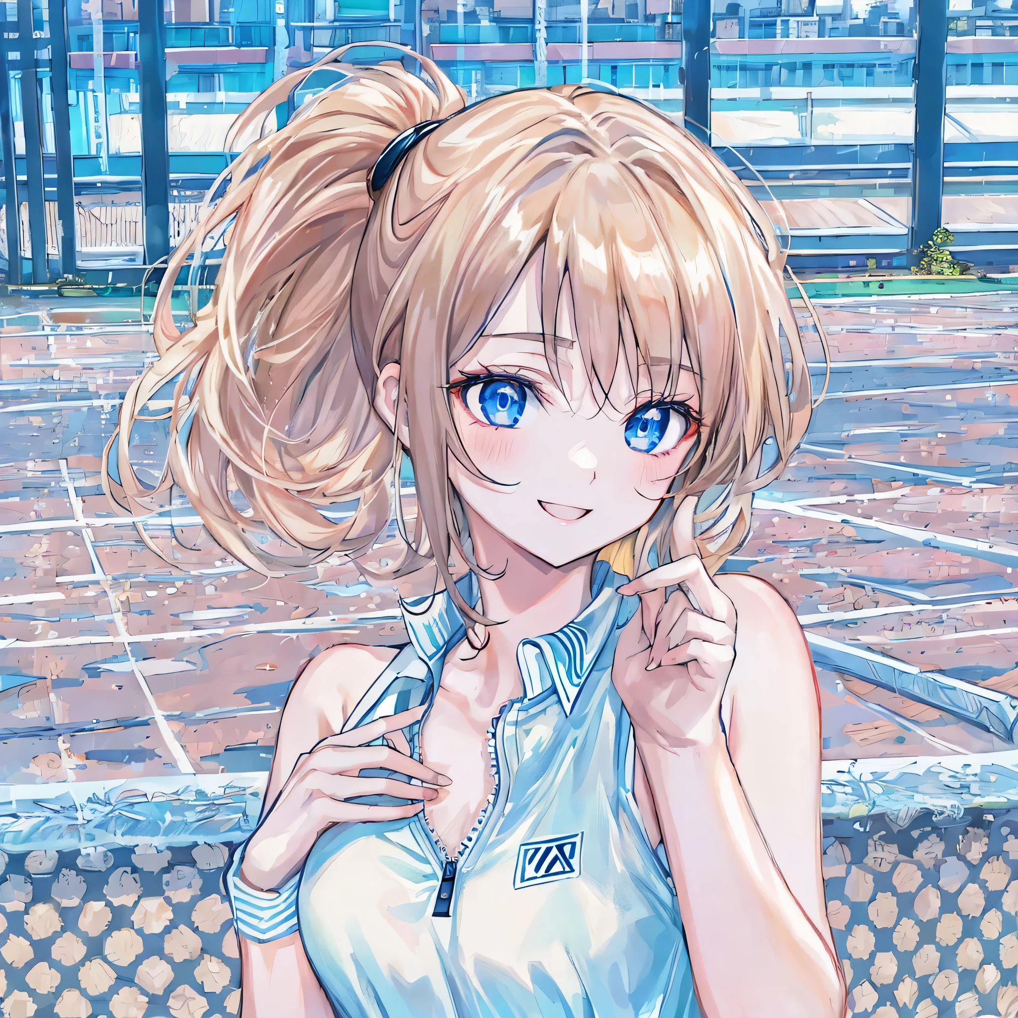 ((masterpiece,highest quality)), highest quality,blue eyes,slanted eyes,super dense skin,,thin and beautiful eyes,highlight,茶hair, high school girl,hair, Life,avert your eyes,Grind,medium sized breasts,tennisウェア,tennis,tennisコート,piece,smile,wink,I&#39;It&#39;s embarassing,