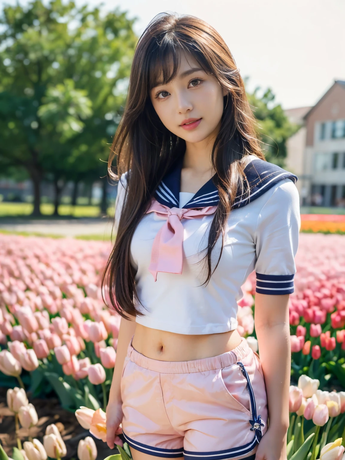 ((((highest quality))))、(((Ultra-precision CG16K wallpaper)))、(((masterpiece)))、(((Super detailed)))、(((super extreme details)))、1people's women、mature woman、25 year old woman、((Japanese face))、((very beautiful face))、((Hikaru Takahashi:1.5))、((straight semi-long hair:1.3))、(shiny hair)、bangs up to eyebrows、beautiful brown hair、beautiful delicate eyes、brown eyes、raised eyebrows、high nose、small nostrils、small mouth、seductive lipouth slightly open、beautiful breasts、((C cup size breasts))、cleavage、plump body、perfect proportions、perfect anatomy、perfect composition、beautiful detailed shading、beautiful natural lighting、beautiful detail glow、Depth of the bounds written、soft focus、(((High chroma)))、(((real:1.9)))、((vivid:1.4))、((beautiful skin))、((skin texture))、((realな皮膚感))、(((cowboy shot:1.5)))、((Angle seen from the front:1.5))、((smile:1.3))、(Eyes looking at me:1.5)、bright sunshine、(((tulip flower field:1.3)))、(model pose:1.5)、(((high school girl uniform、Pink cropped sailor uniform、wearing shorts:1.6)))、